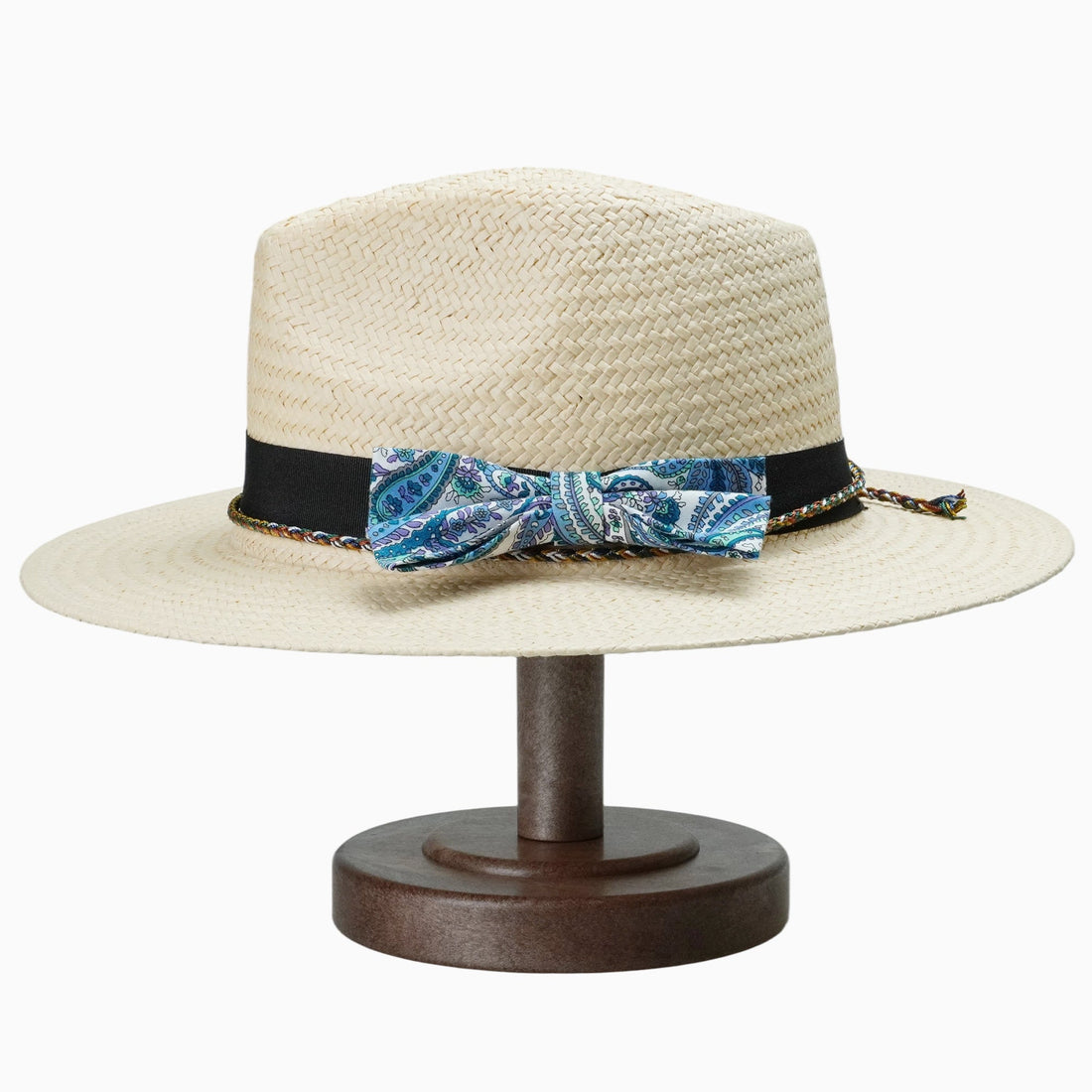 Beige Breathable Straw Fedora with Black Band & Paisley Bow