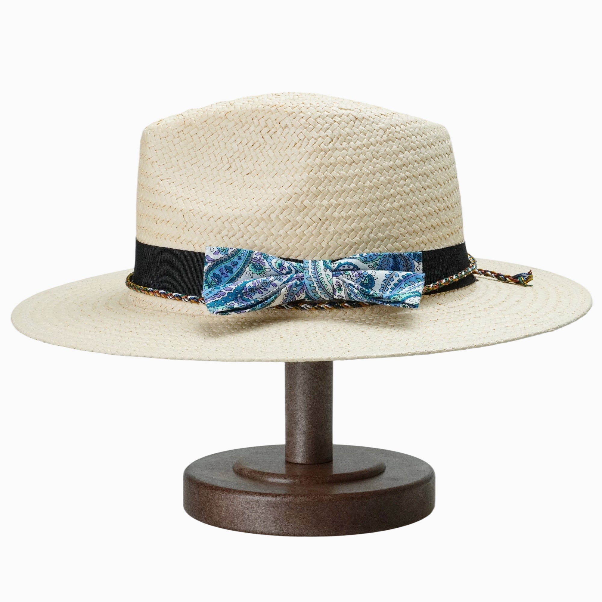 Beige Breathable Straw Fedora with Black Band & Paisley Bow