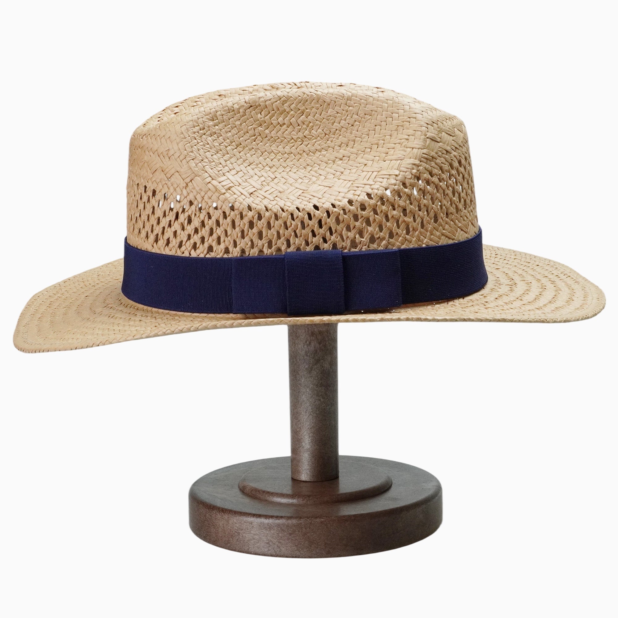 Light Brown Breathable Straw Fedora with Navy Ribbon Band & Bow