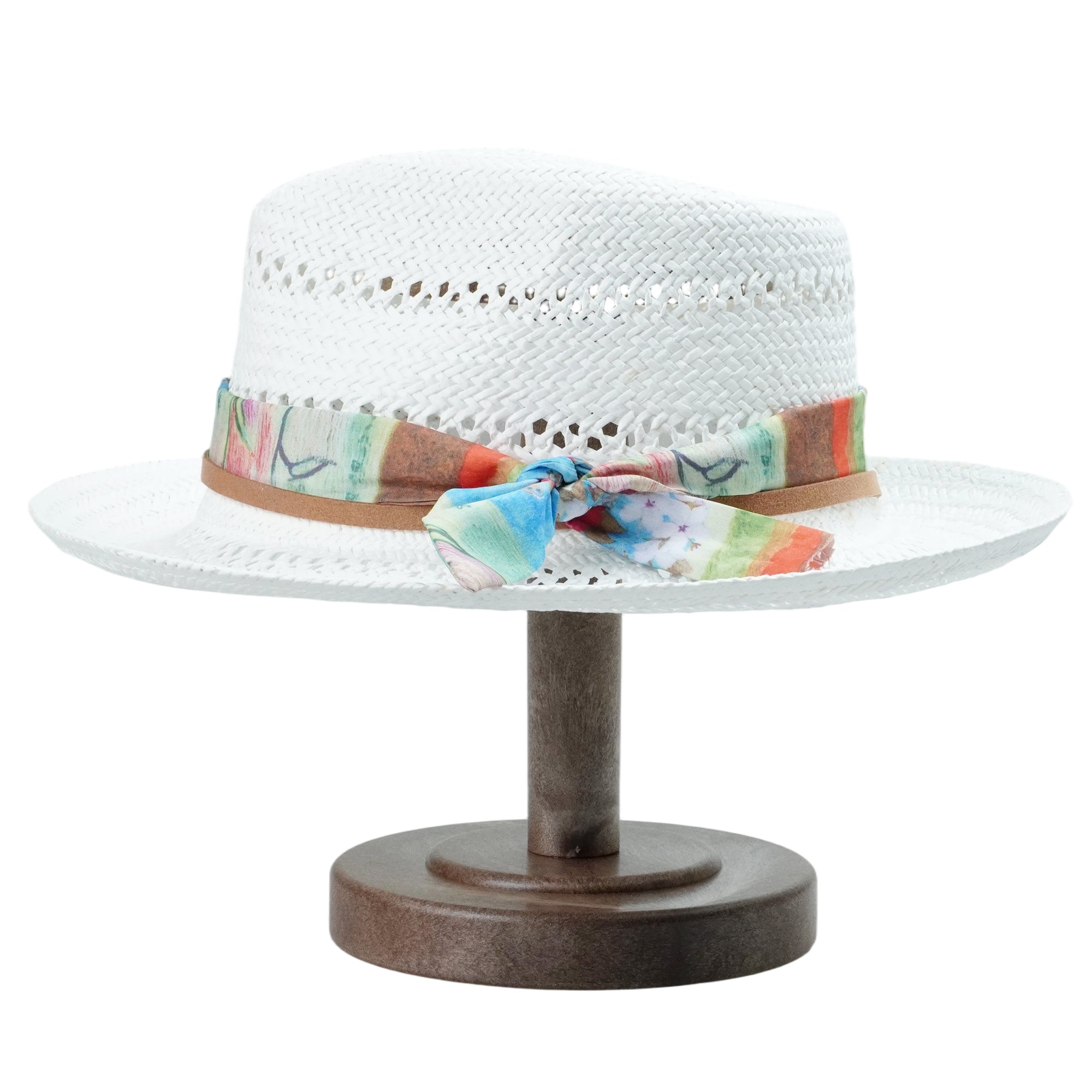 White Straw Hat - Hollow Design with Colorful Fabric Accent