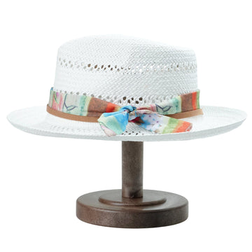 White Straw Hat - Hollow Design with Colorful Fabric Accent