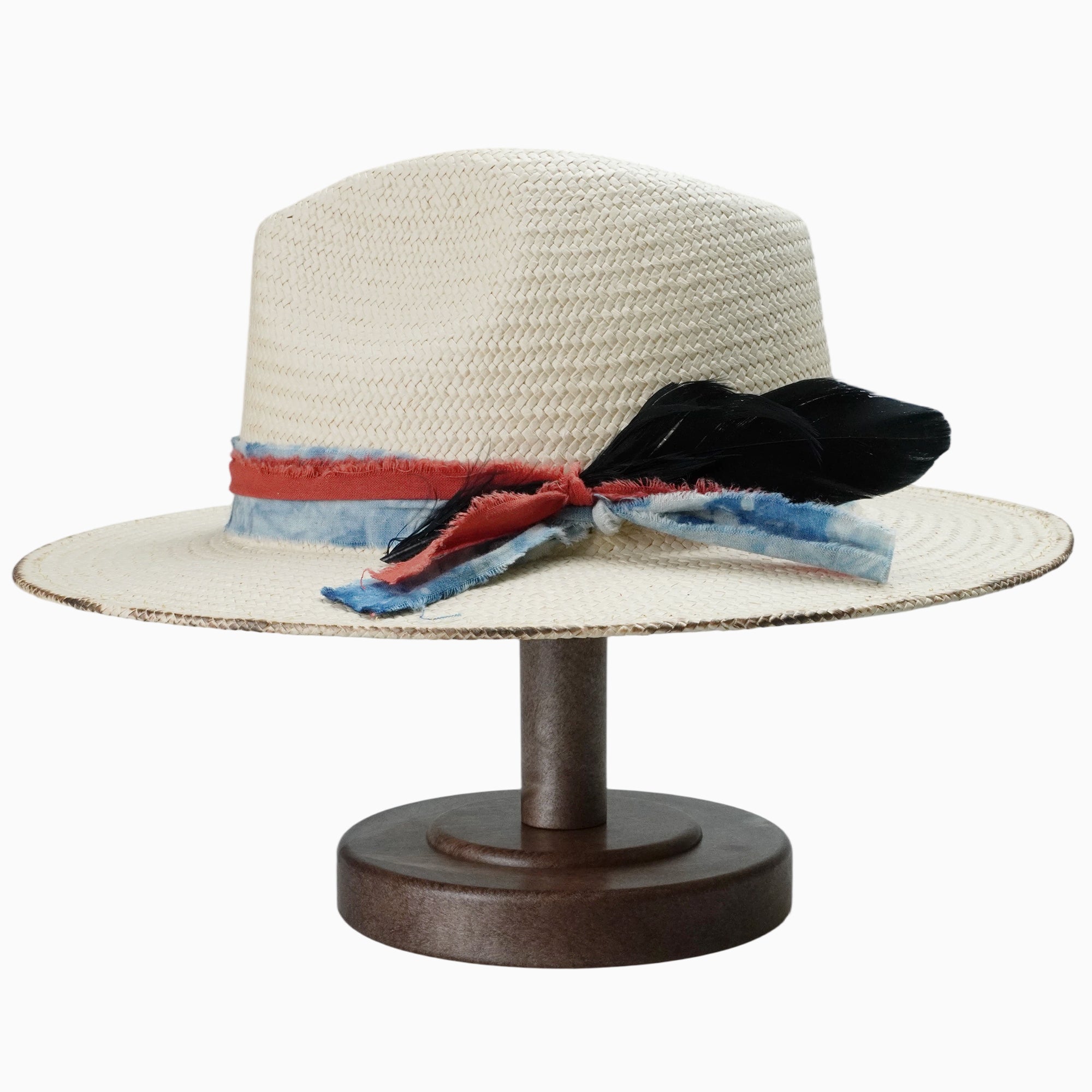 Beige Breathable Straw Fedora with Distressed Feather Band