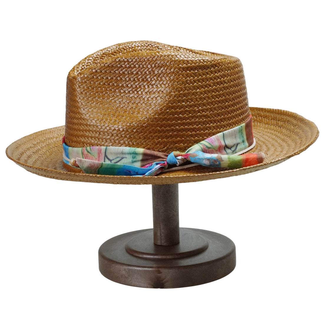 Caramel Straw Hat with Colorful Fabric Band & Beads