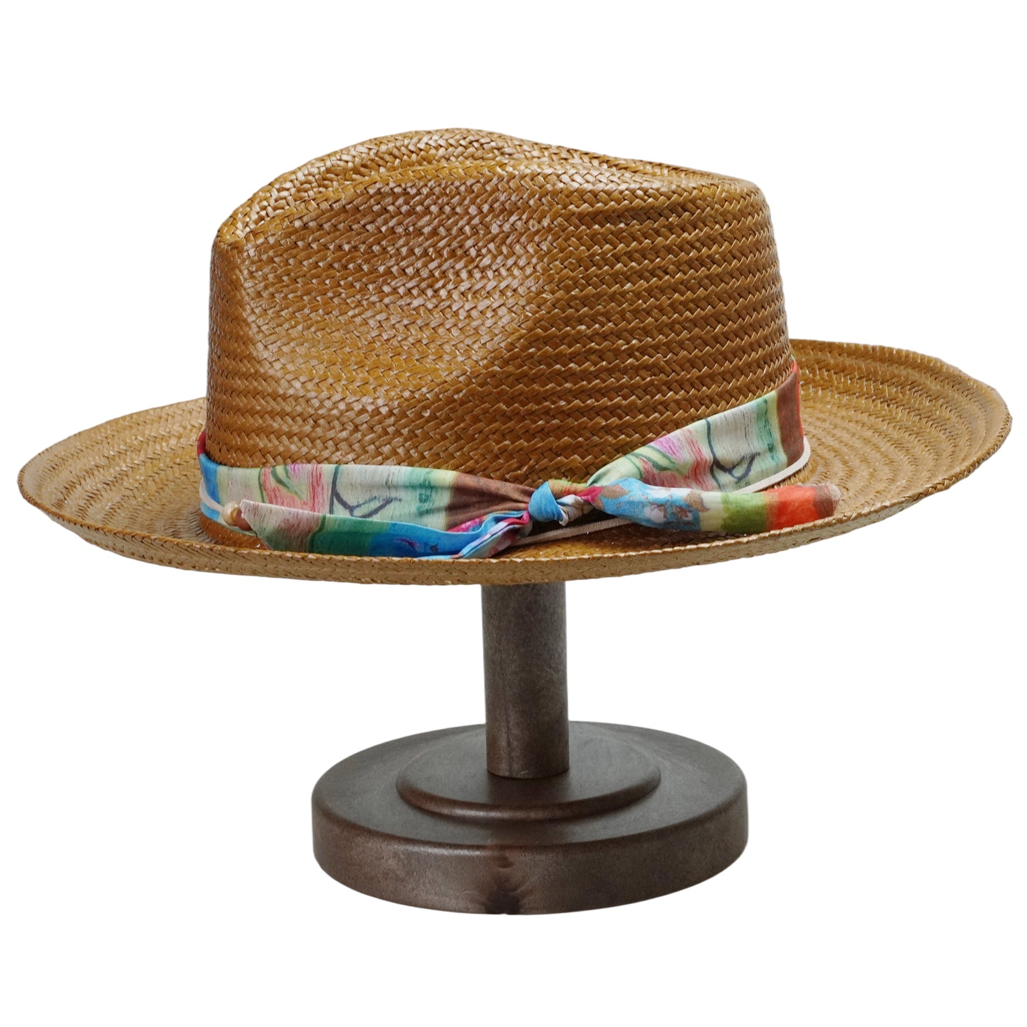 Caramel Straw Hat with Colorful Fabric Band & Beads
