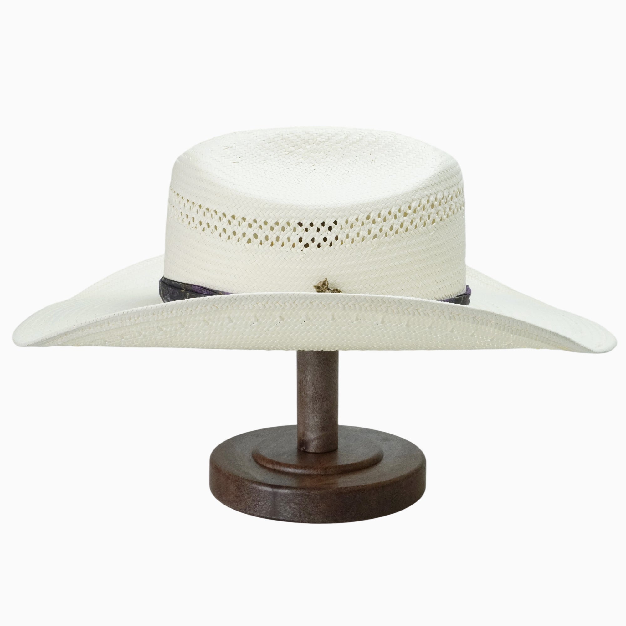 Off-White Breathable Straw Fedora with Patterned Ribbon & Bronze Cat Pin