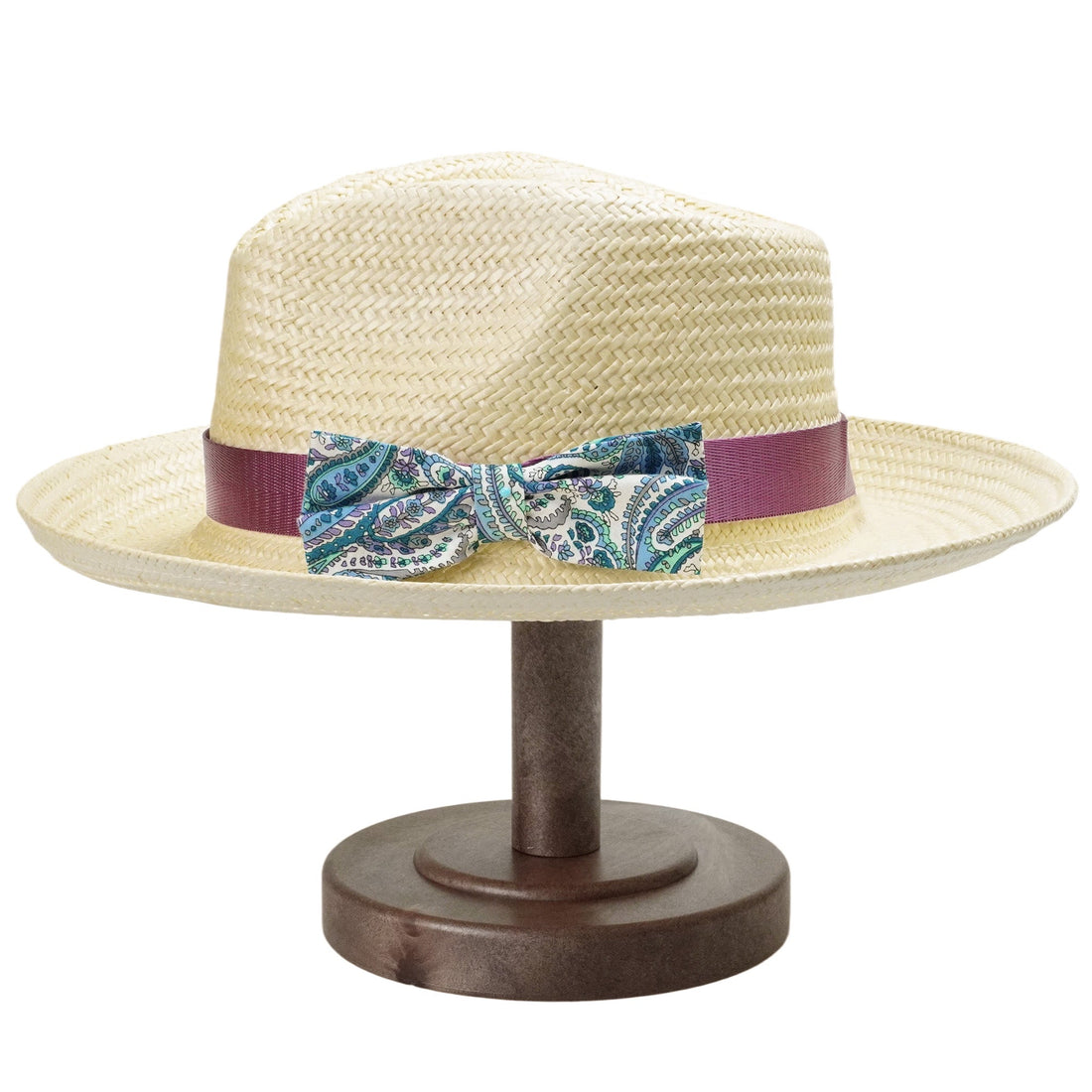Beige Straw Hat with Purple Satin Bow Band