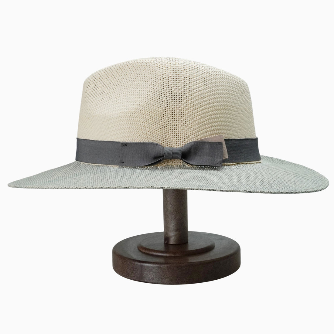 Two-Tone Off-White & Grey Straw Hat with Grey Ribbon Bow