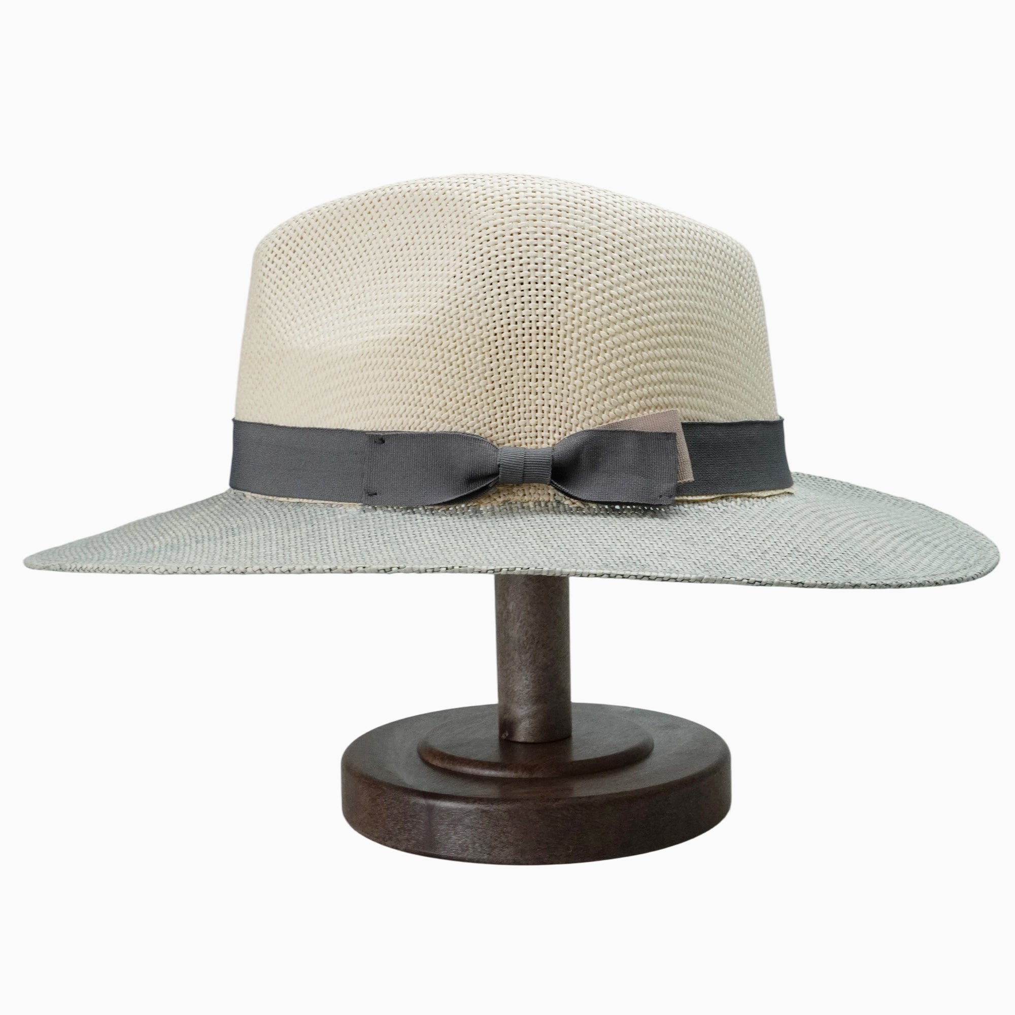 Two-Tone Off-White & Grey Straw Hat with Grey Ribbon Bow