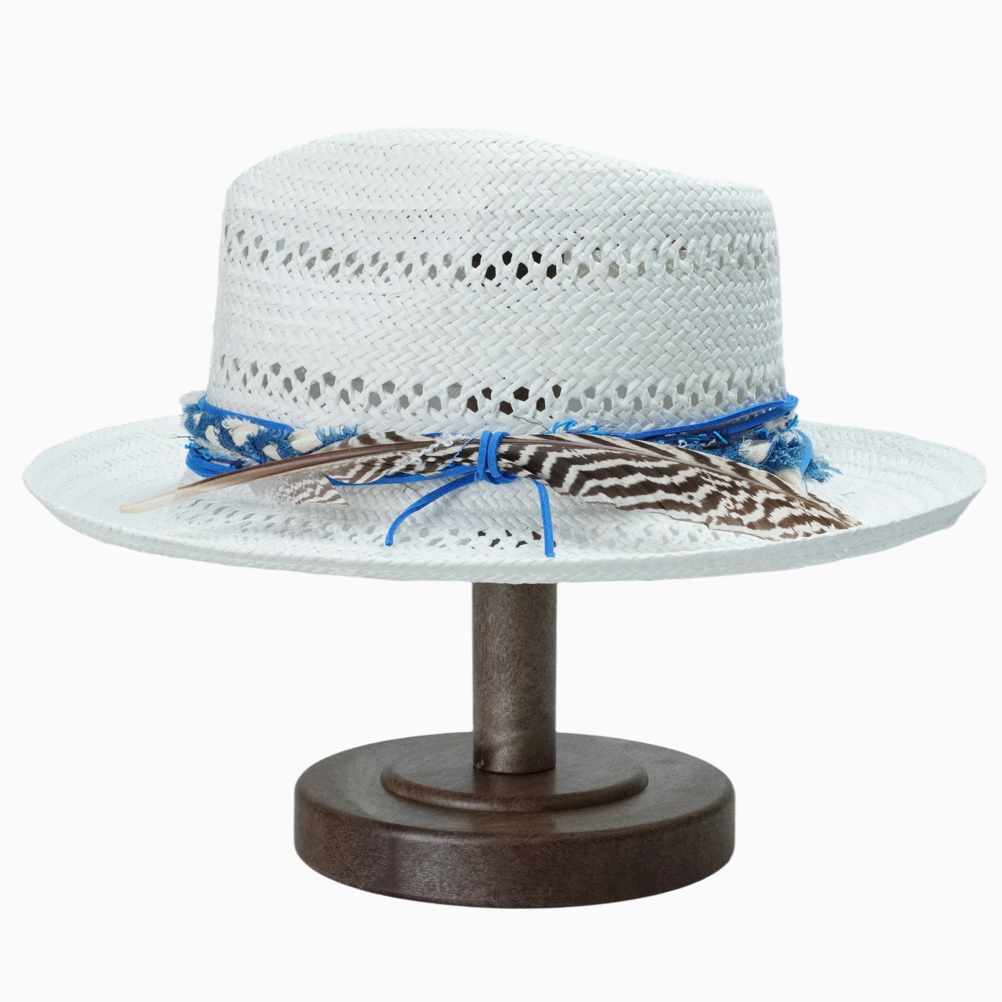 White Breathable Straw Fedora with Blue Woven Band & Feather Accent