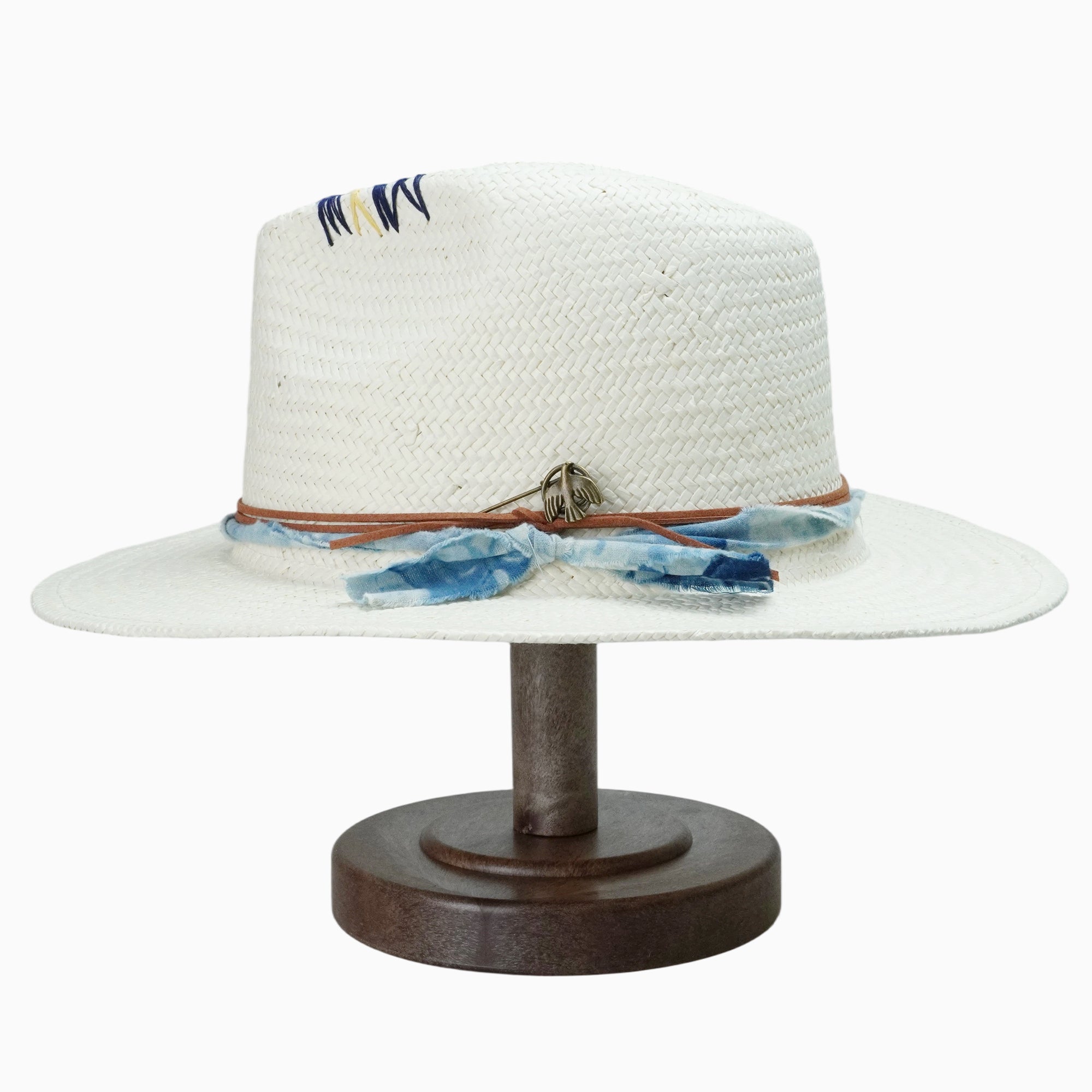 White Breathable Straw Fedora with Tie-Dye Band & Dove Pin