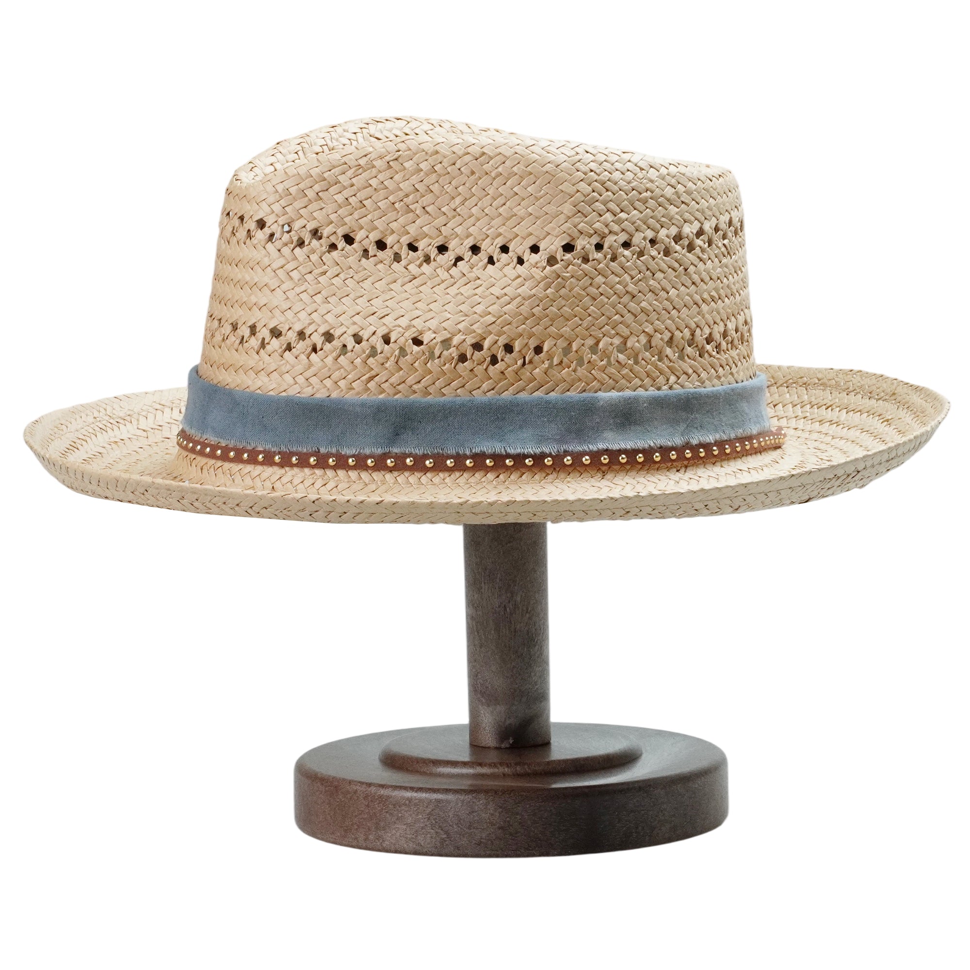 Natural Straw Hat with Cutout Crown & Blue Fabric Band