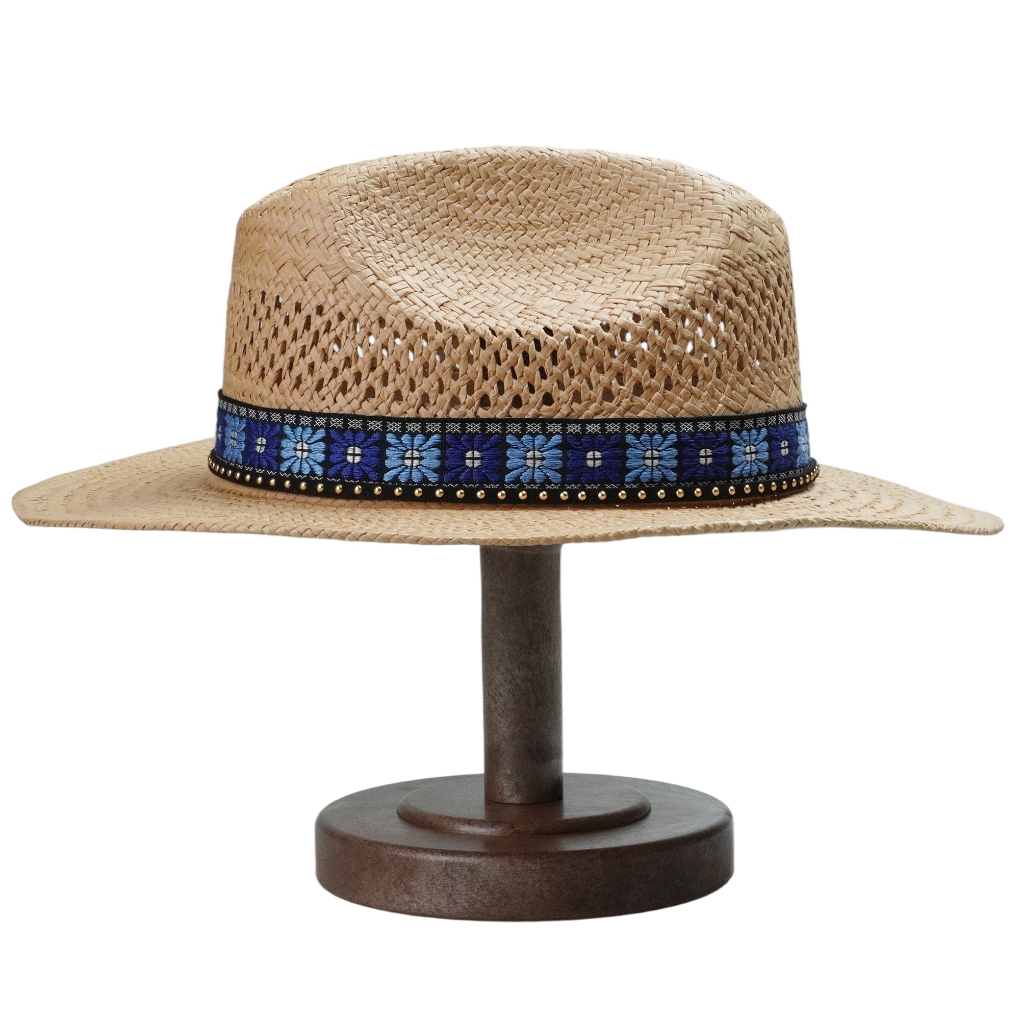 Light Brown Straw Hat with Blue Print Band & Black Cord