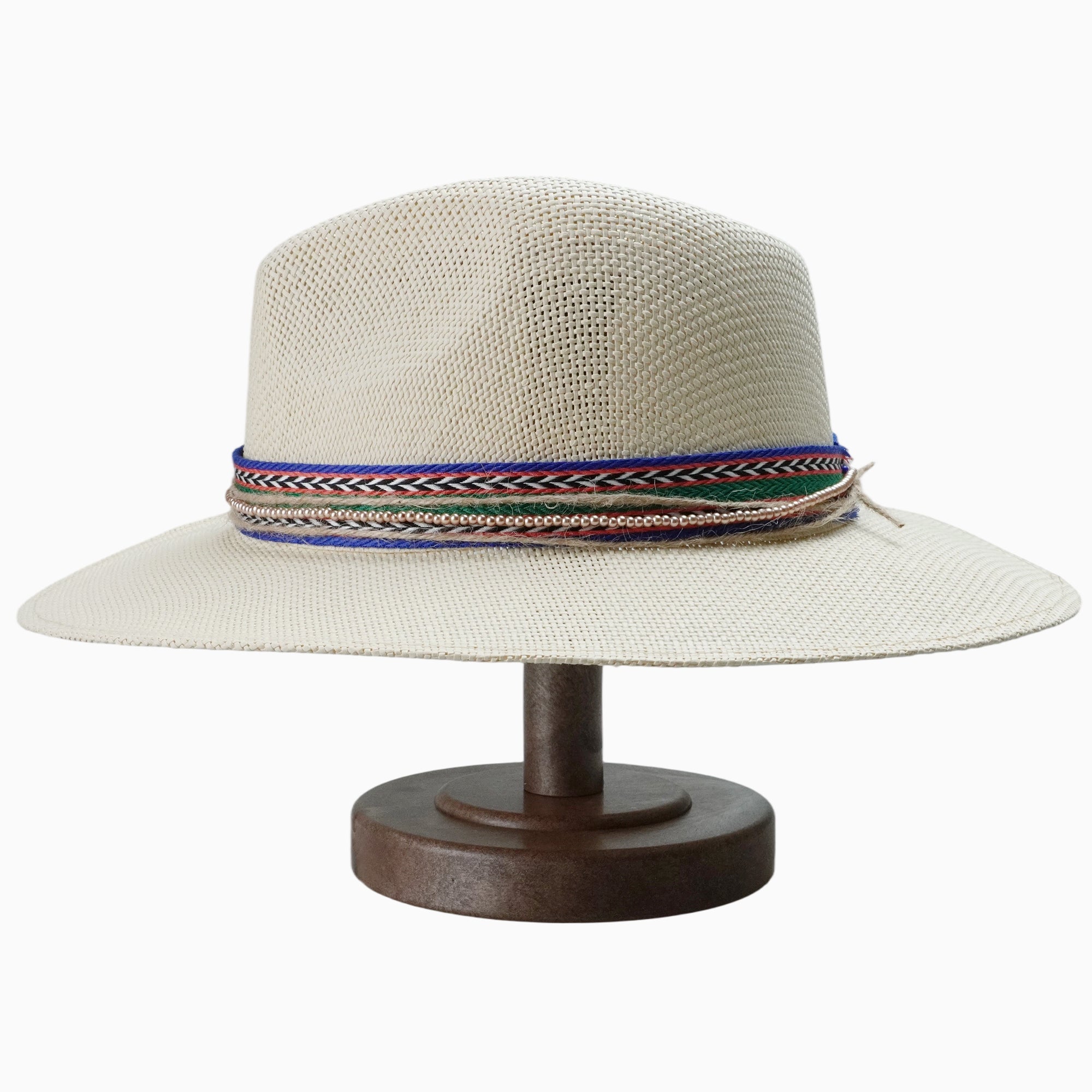 Natural Straw Fedora with Multi-Colored Woven Band & Beaded Trim