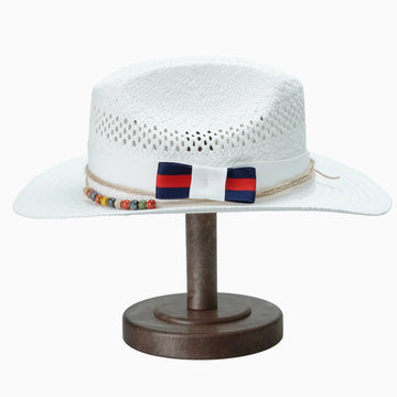 White Breathable Straw Fedora with Striped Bow & Multi-colored Beads
