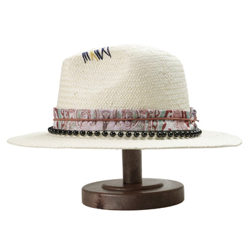 White Straw Hat with Printed Band & Black Beads