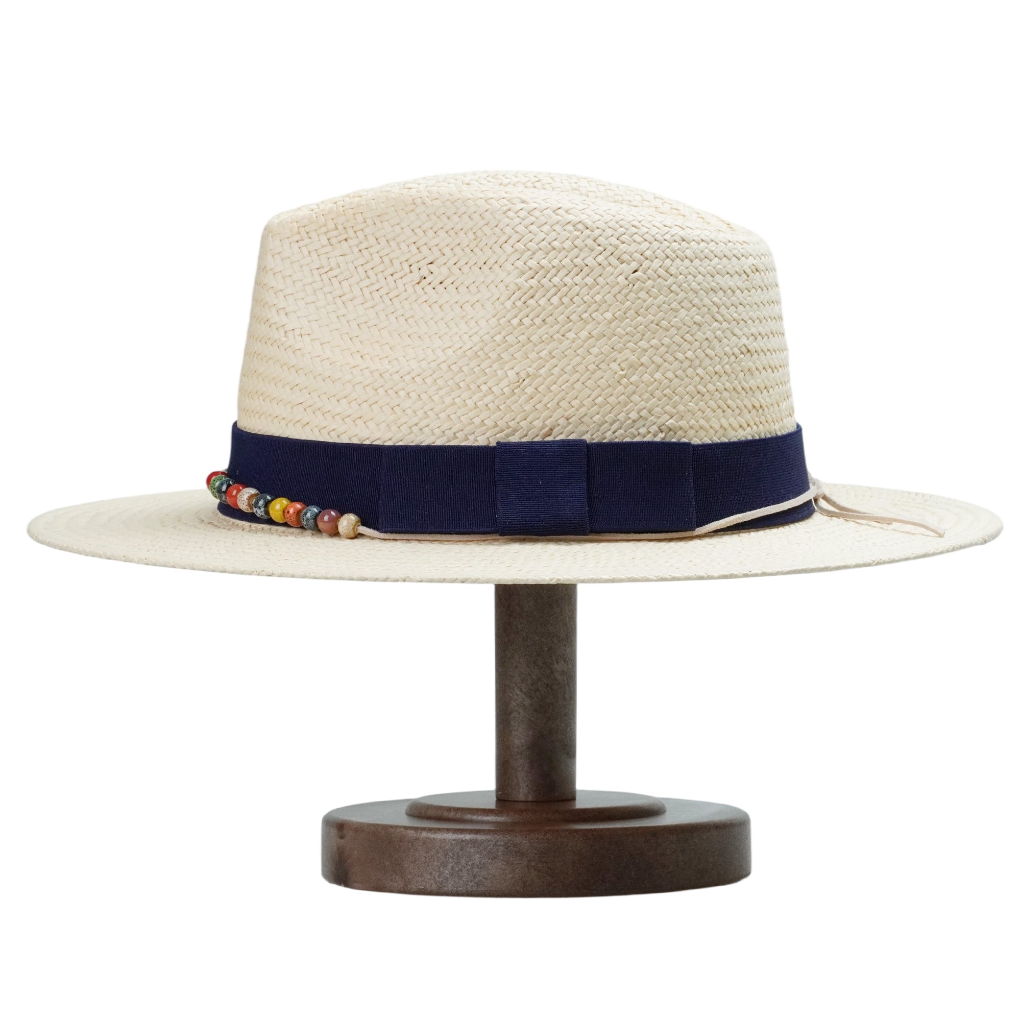 Beige Straw Hat with Dark Blue Wide Band & Colorful Beads