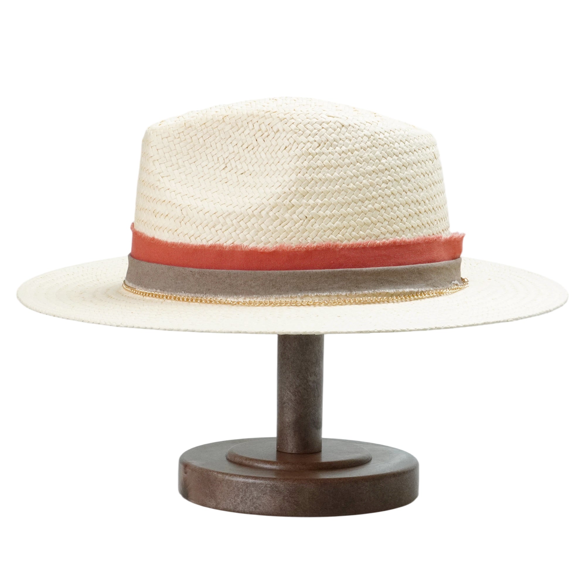 Beige Straw Hat - Flat Brim with Gold Metal Accent