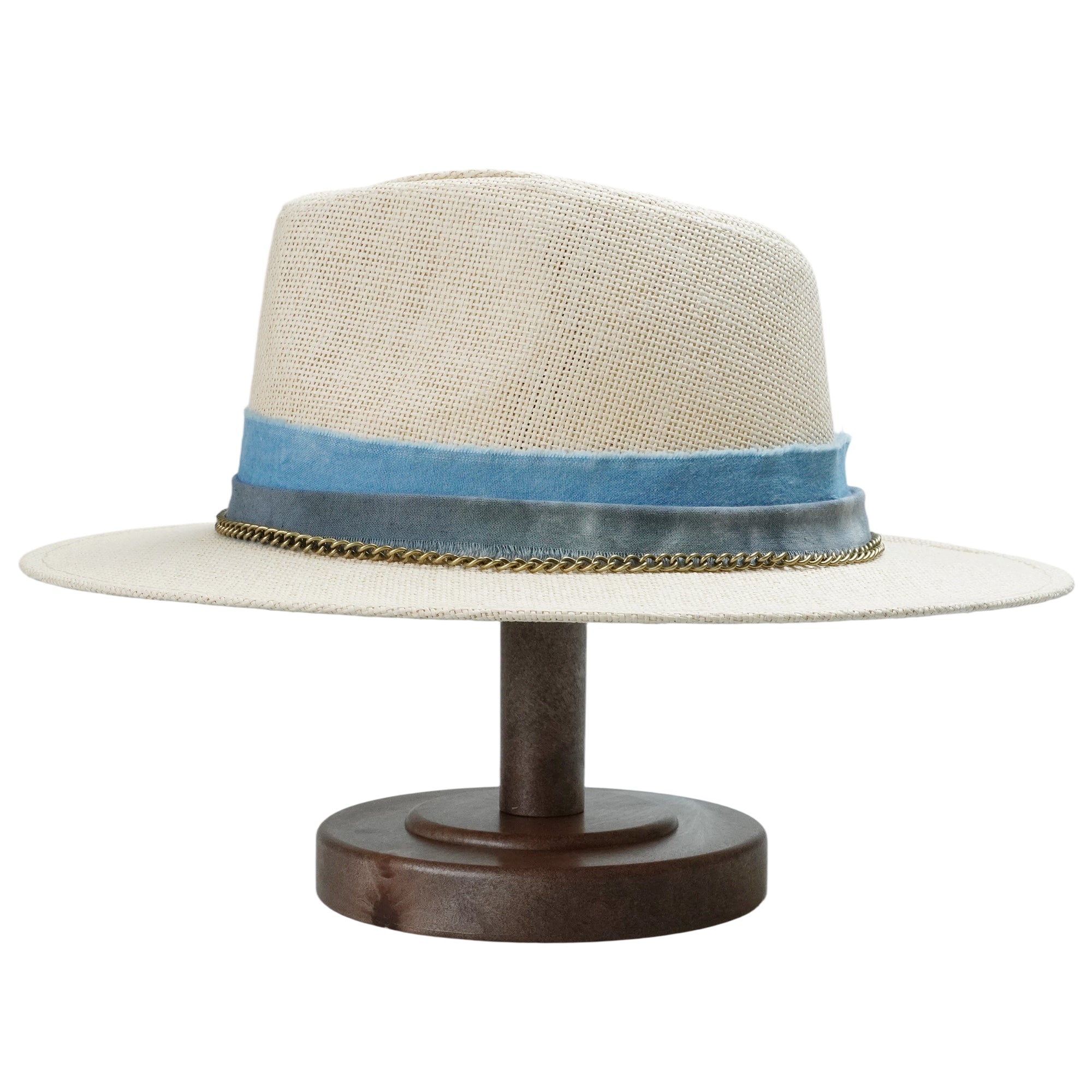 Off-White Straw Hat with Blue Band & Copper Chain