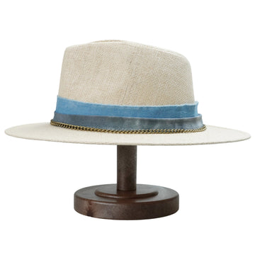Off-White Straw Hat with Blue Band & Copper Chain