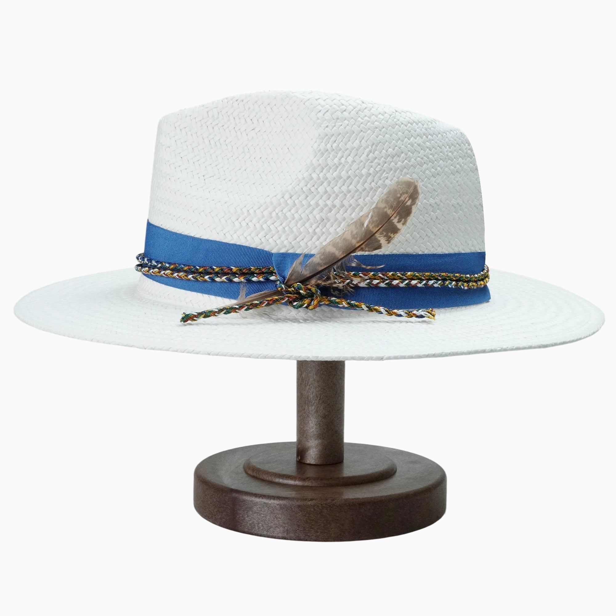 White Breathable Straw Fedora with Blue Ribbon, Braided Cord & Feather Trim