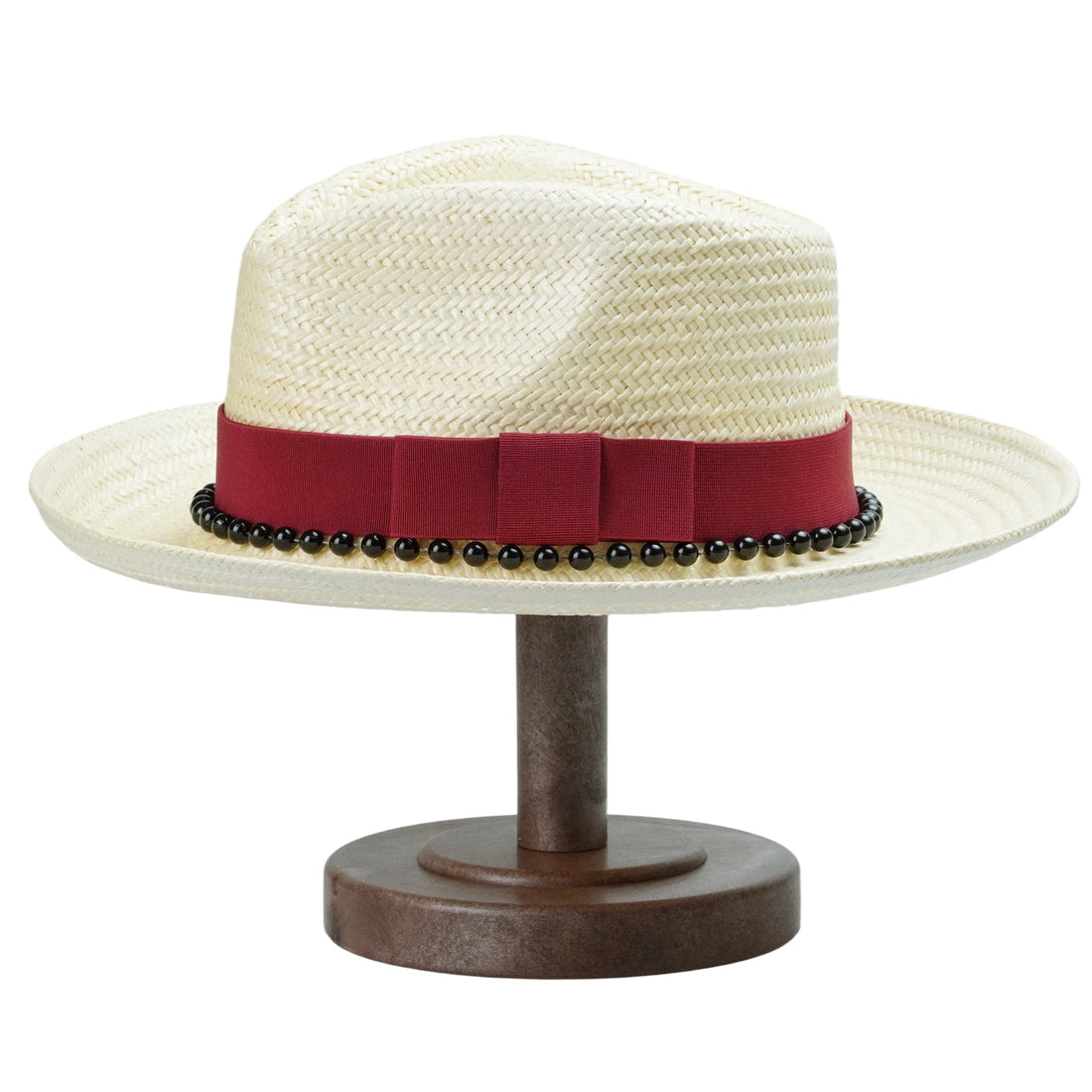 Beige Straw Hat with Dark Red Wide Band & Black Beads
