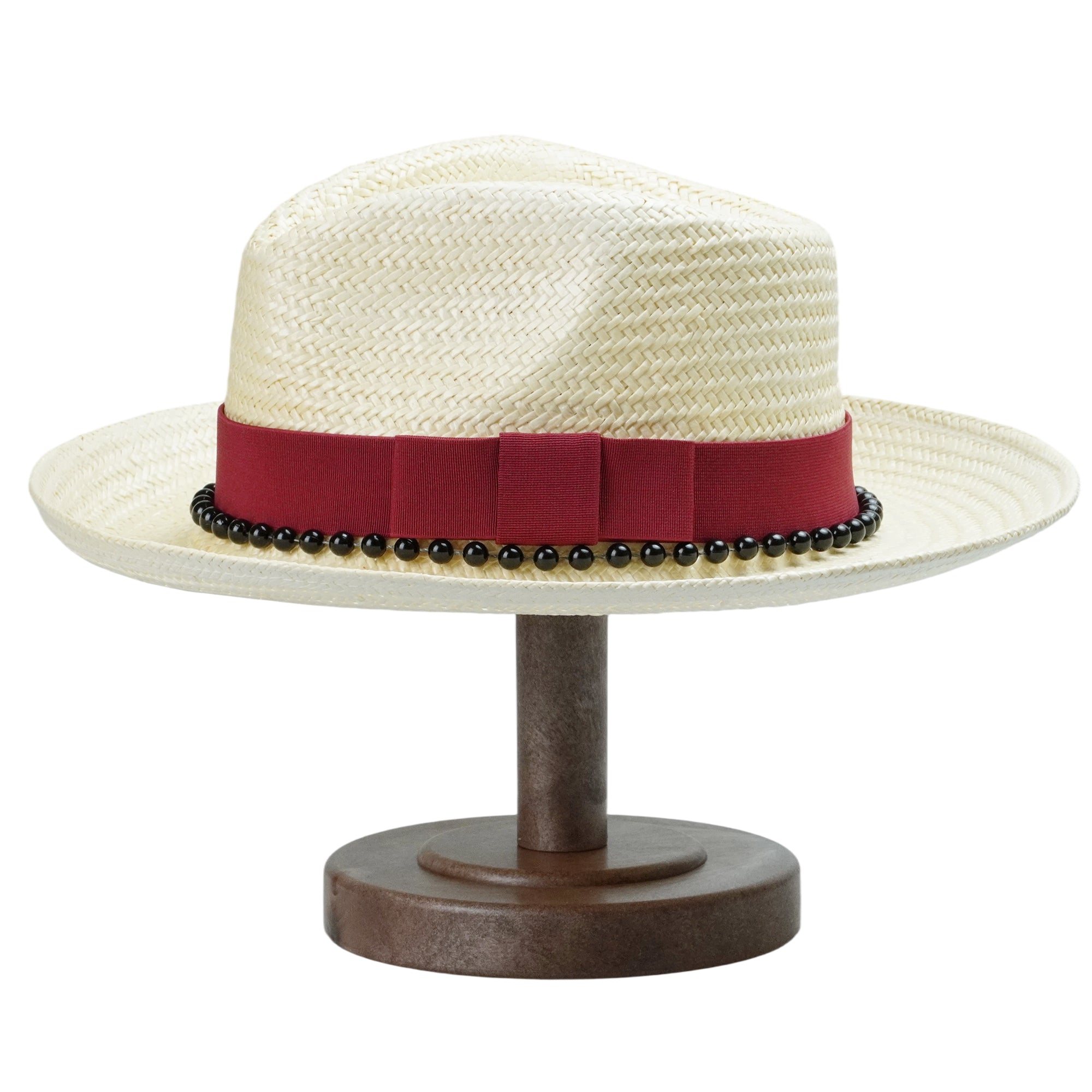Beige Straw Hat with Dark Red Wide Band & Black Beads
