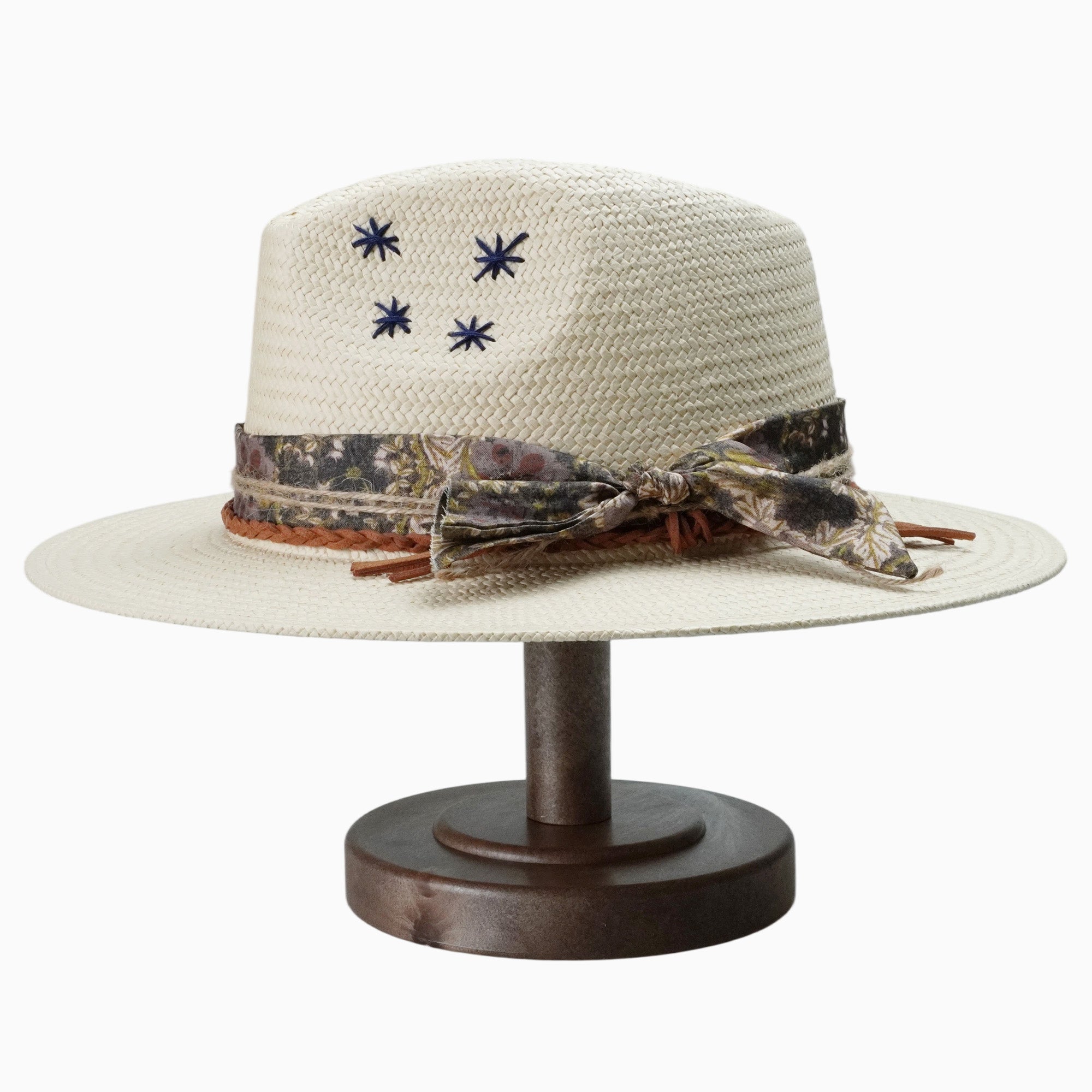 Natural Straw Fedora with Embroidered Stars & Boho Fabric Band