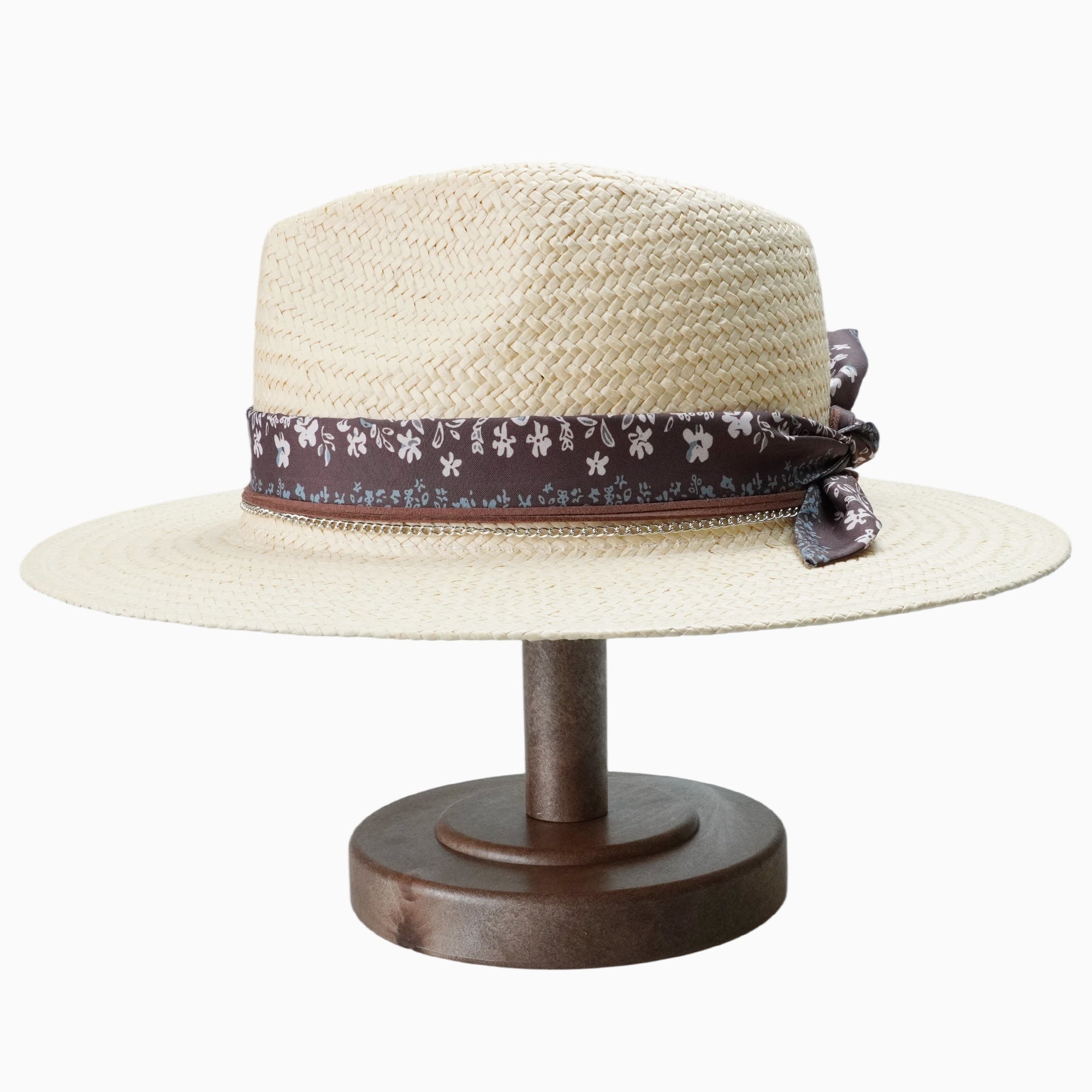 Breathable Straw Fedora with Floral Print Scarf & Chain Trim