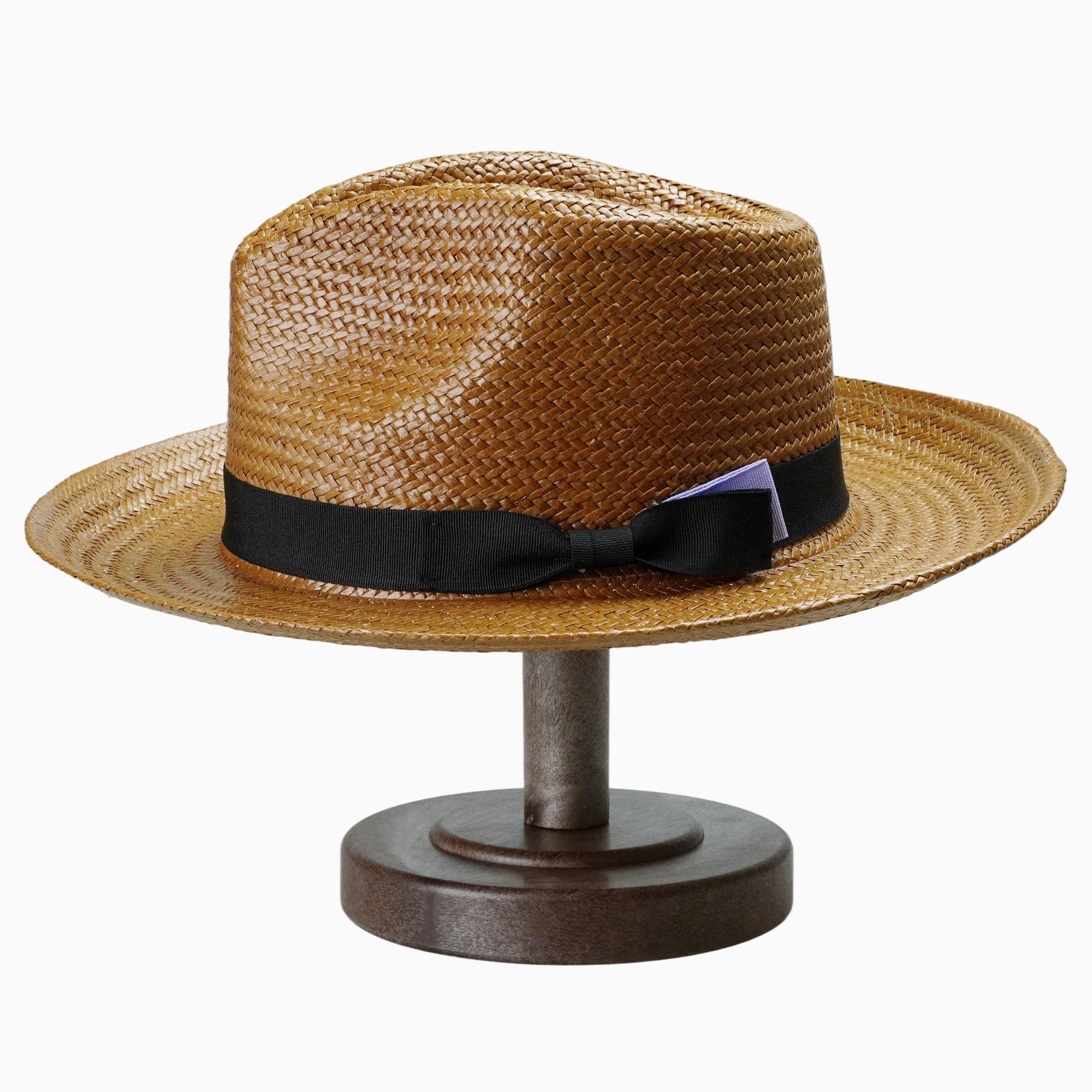 Caramel-Tone Breathable Straw Fedora with Black Ribbon & Accent Tab