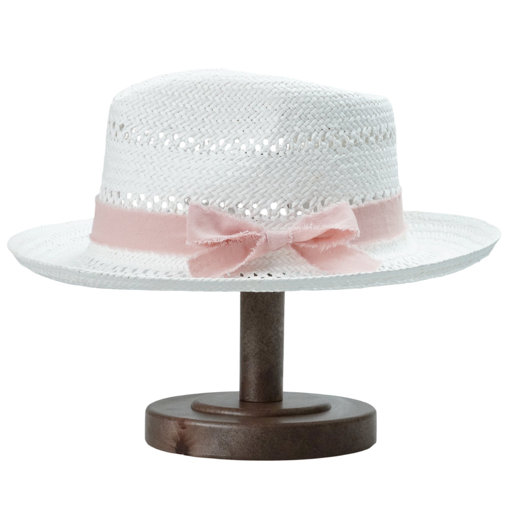 White Straw Hat with Cutout Crown & Light Pink Bow