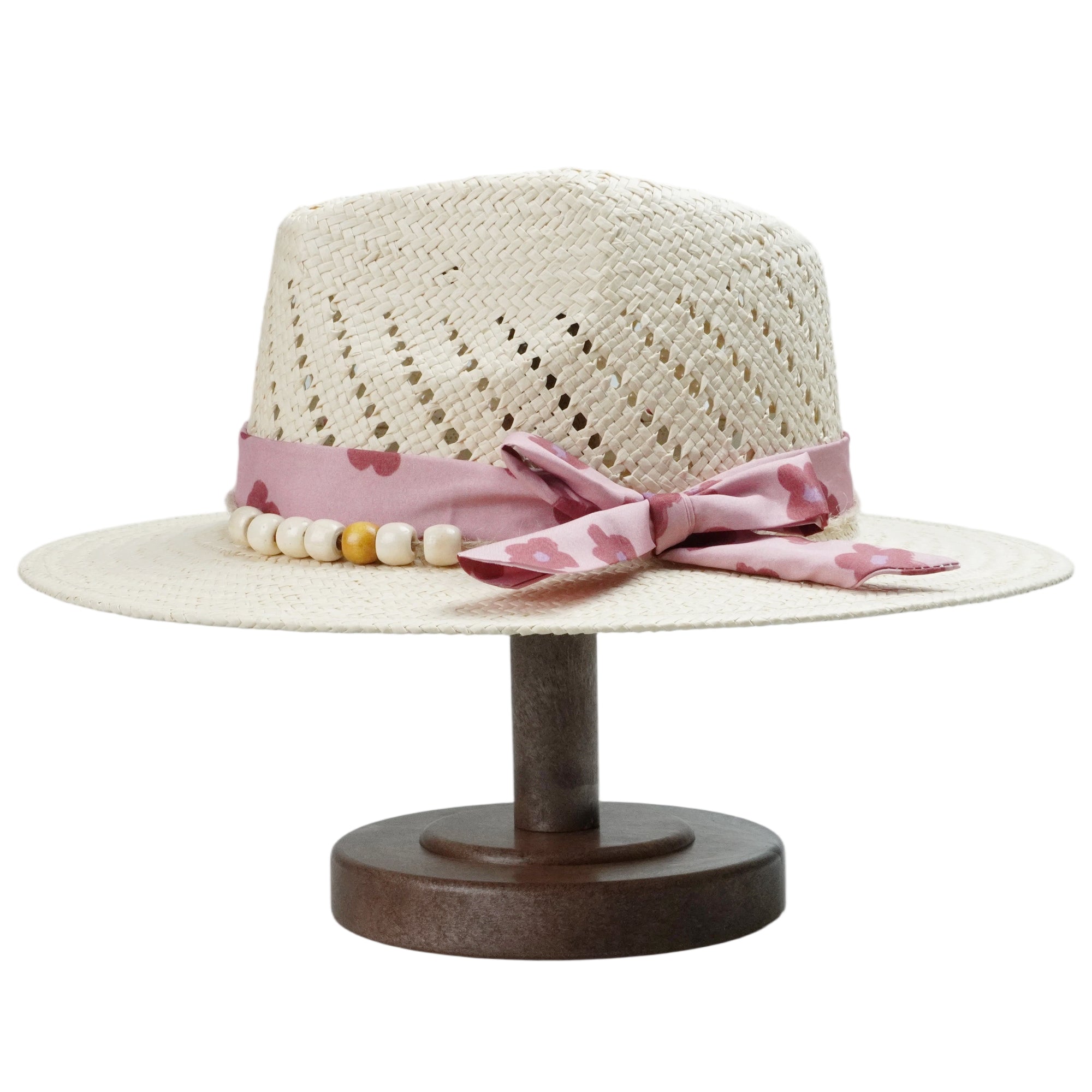 Off-White Straw Hat - Classic Teardrop with Pink Flower Strap