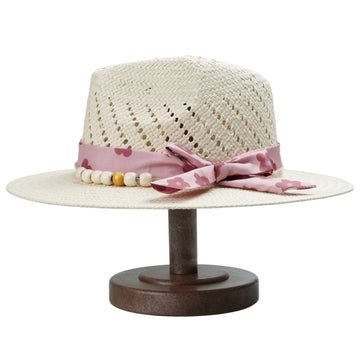 Off-White Straw Hat - Classic Teardrop with Pink Flower Strap