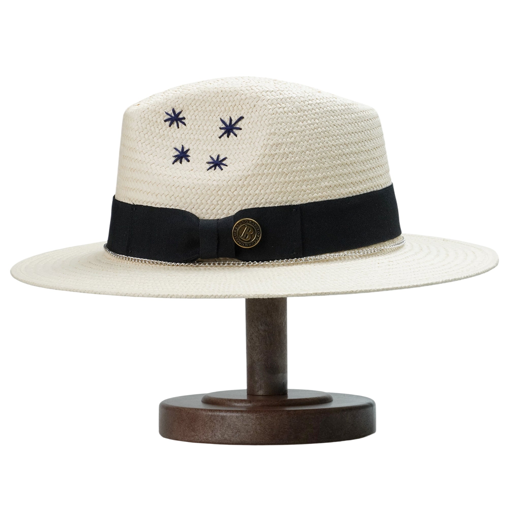 Off-White Straw Hat with Silver Chain & Star Stitching