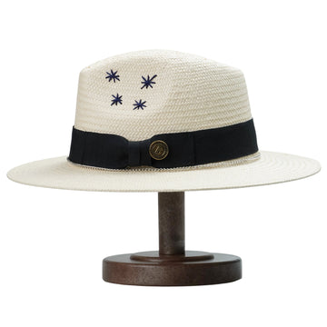 Off-White Straw Hat with Silver Chain & Star Stitching