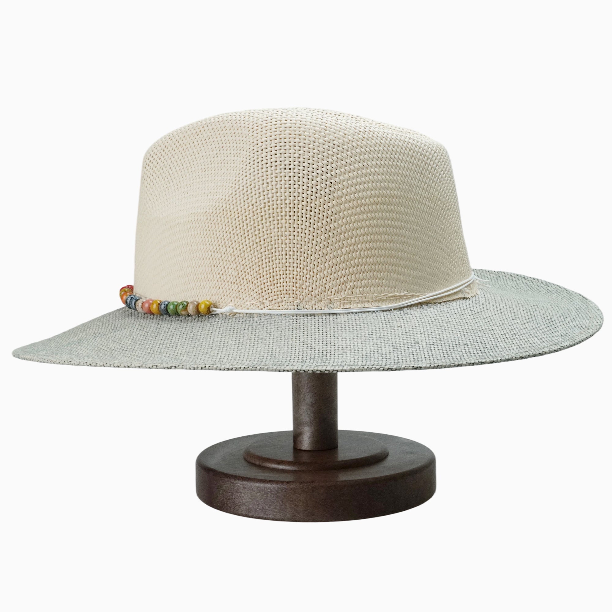 Two-Tone Beige & Grey Straw Hat with Colorful Bead Embellishment