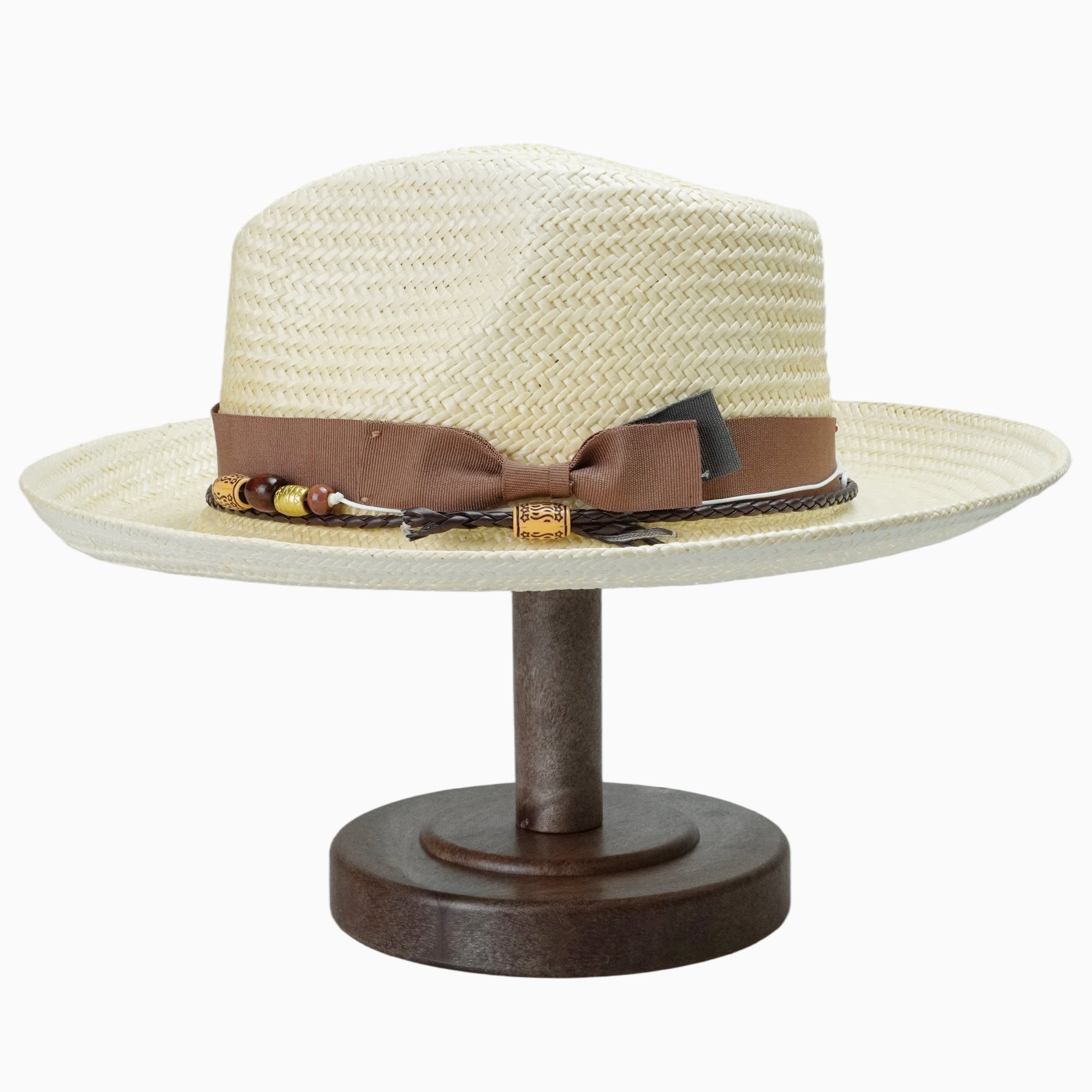 Beige Breathable Straw Fedora with Brown Ribbon & Beaded Cord Accent