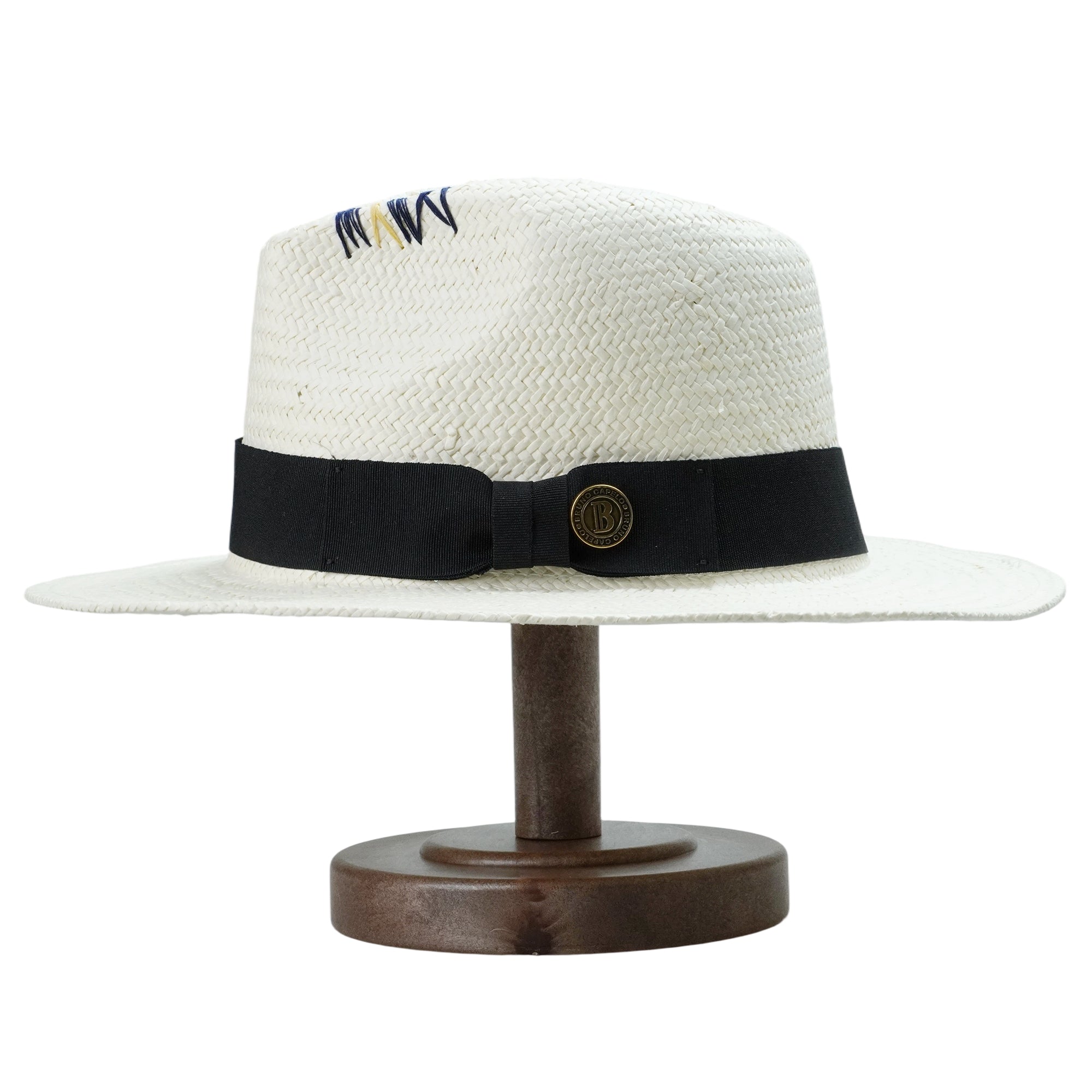White Straw Hat with Copper Buckle & Stitched Crown