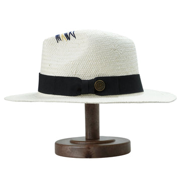 White Straw Hat with Copper Buckle & Stitched Crown