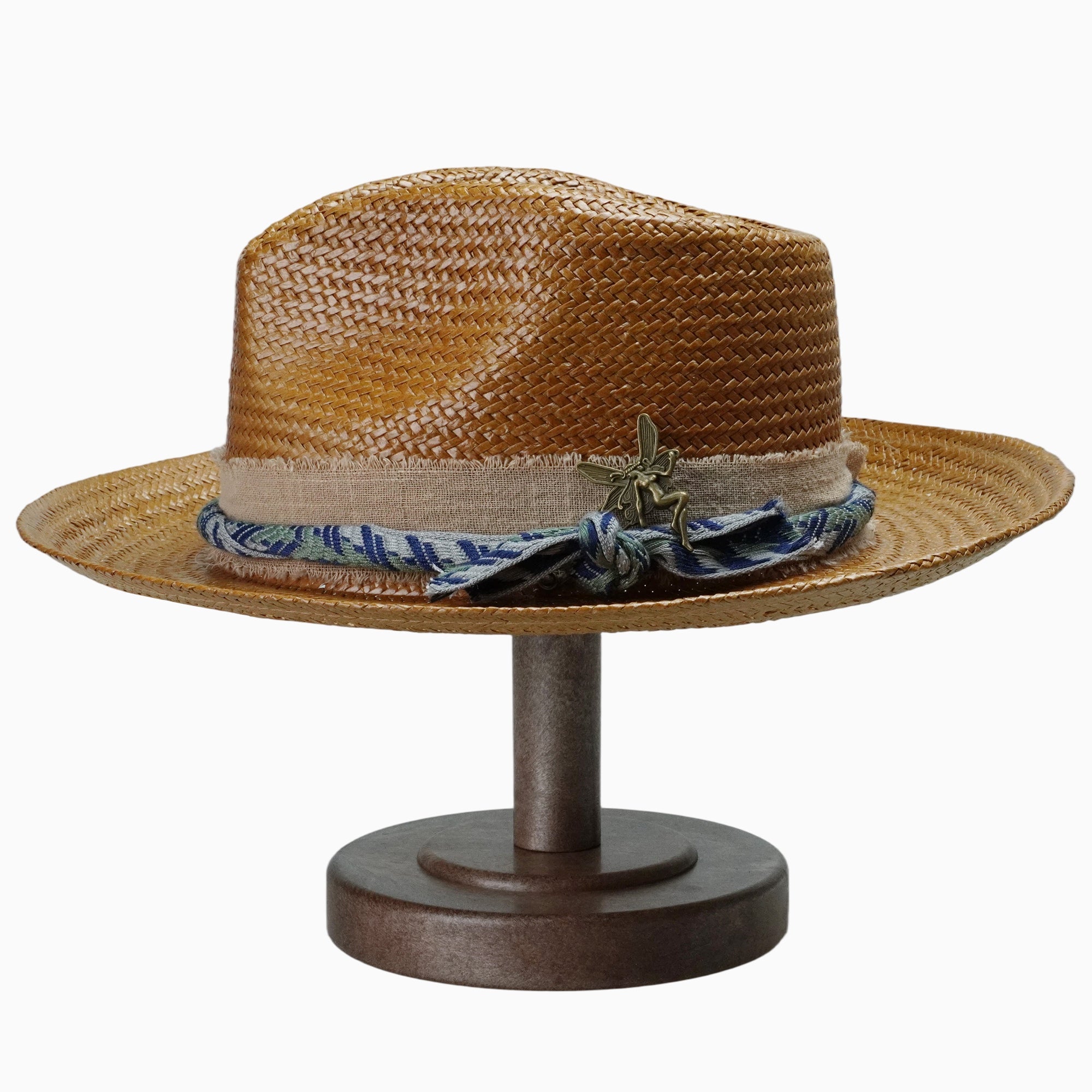 Caramel-Tone Straw Fedora with Layered Distressed Fabric and Woven Band