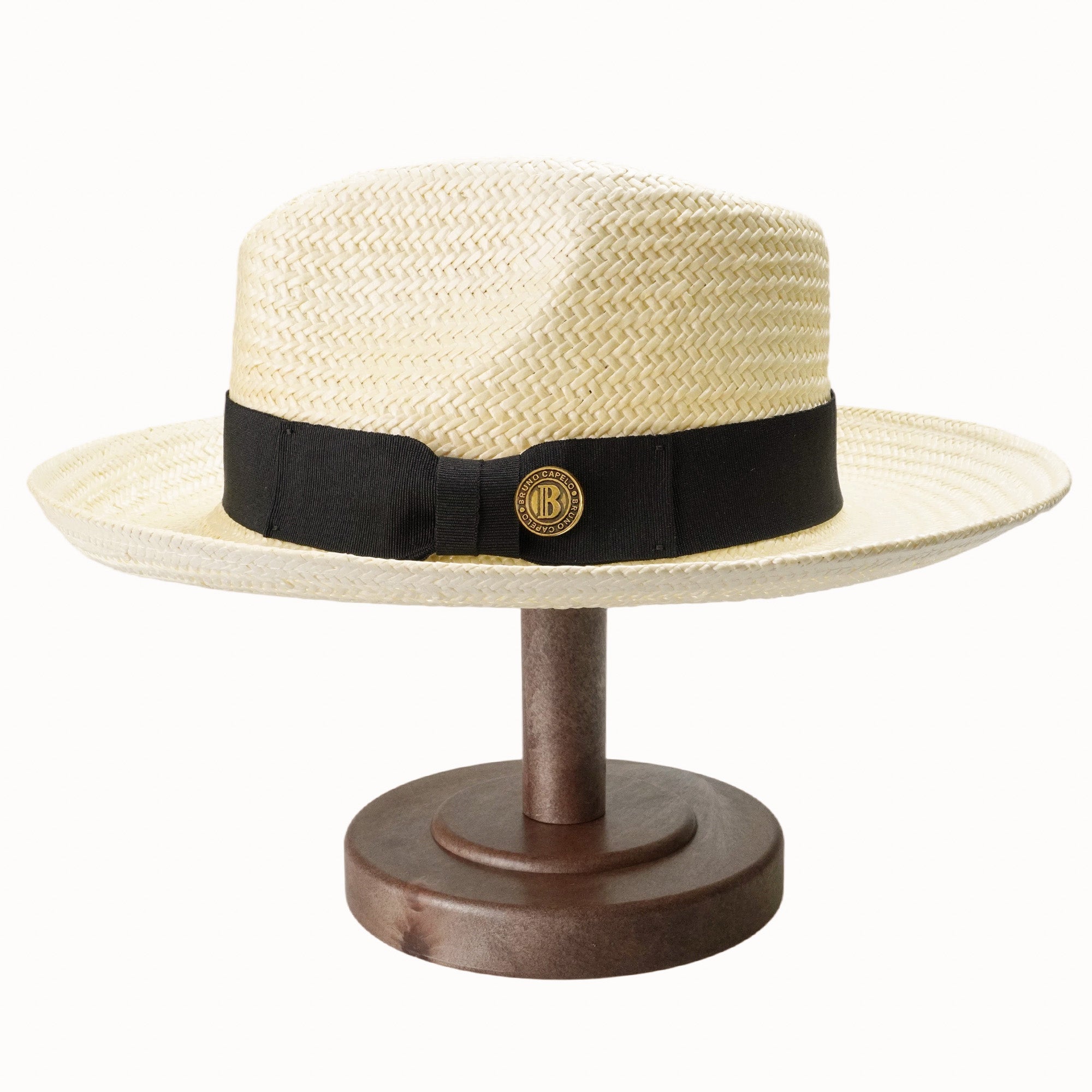 Off-White Breathable Straw Fedora with Gold Logo Accent Ribbon