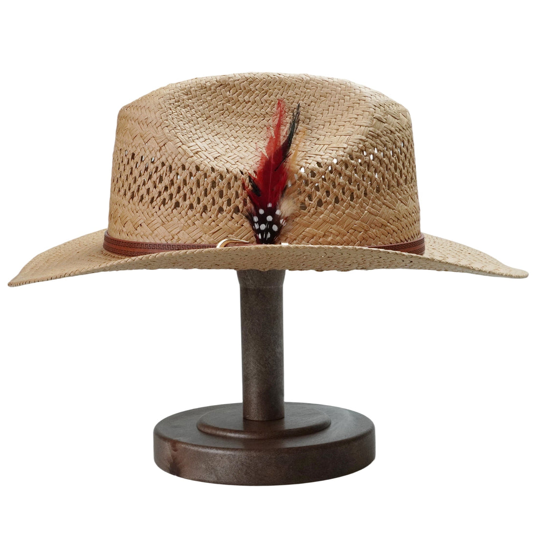 Light Brown Straw Hat with Printed Leather Band & Feather