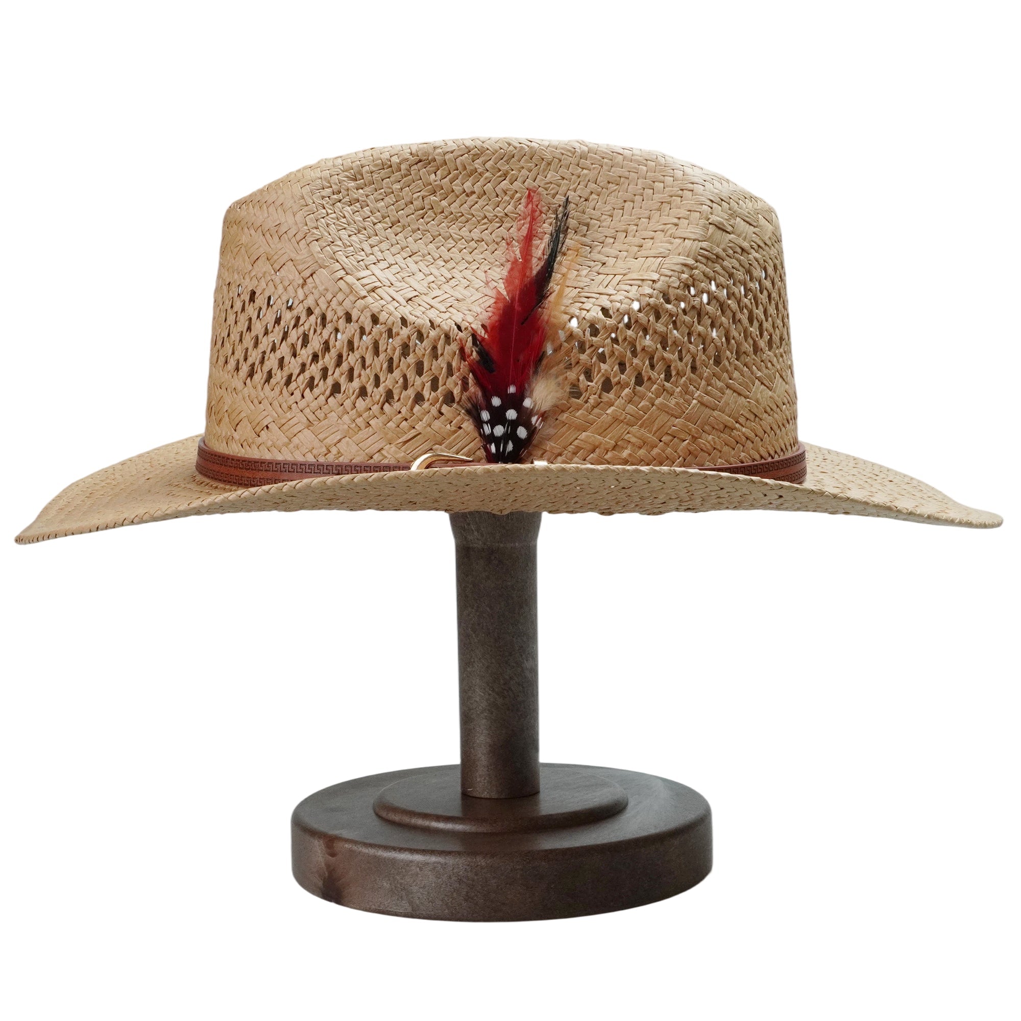 Light Brown Straw Hat with Printed Leather Band & Feather