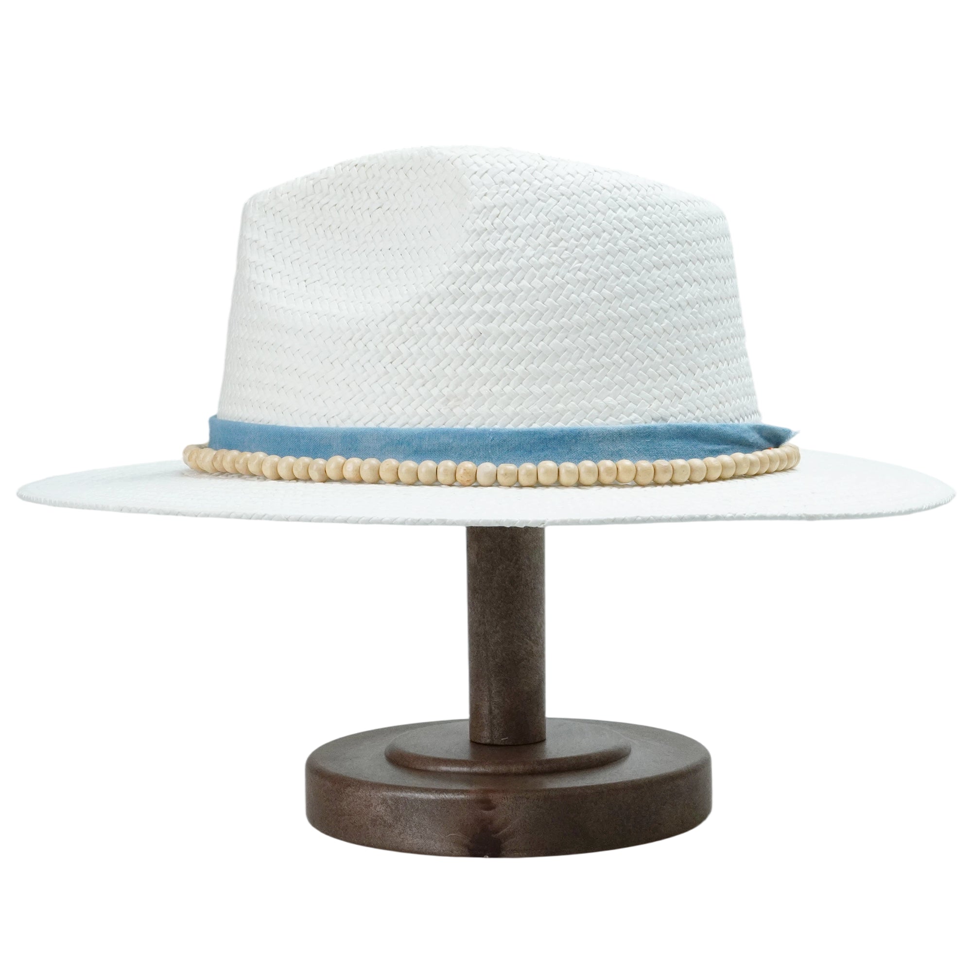 White Straw Hat with Light Blue Band & Wooden Beads