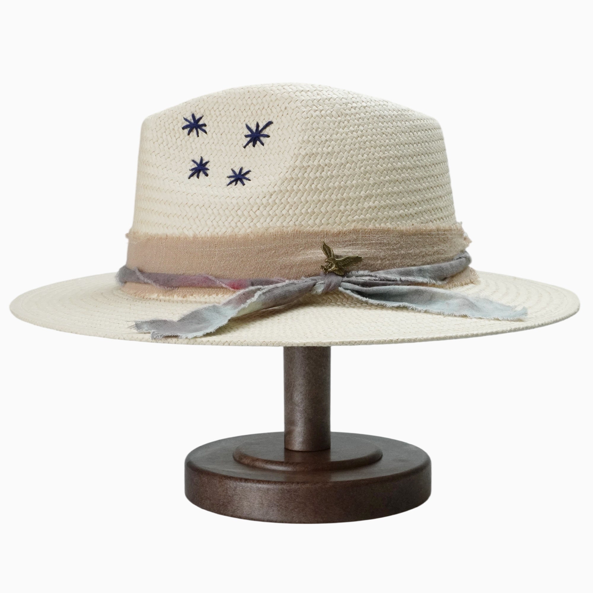 Beige Breathable Straw Fedora with Distressed Fabric & Eagle Charm Band