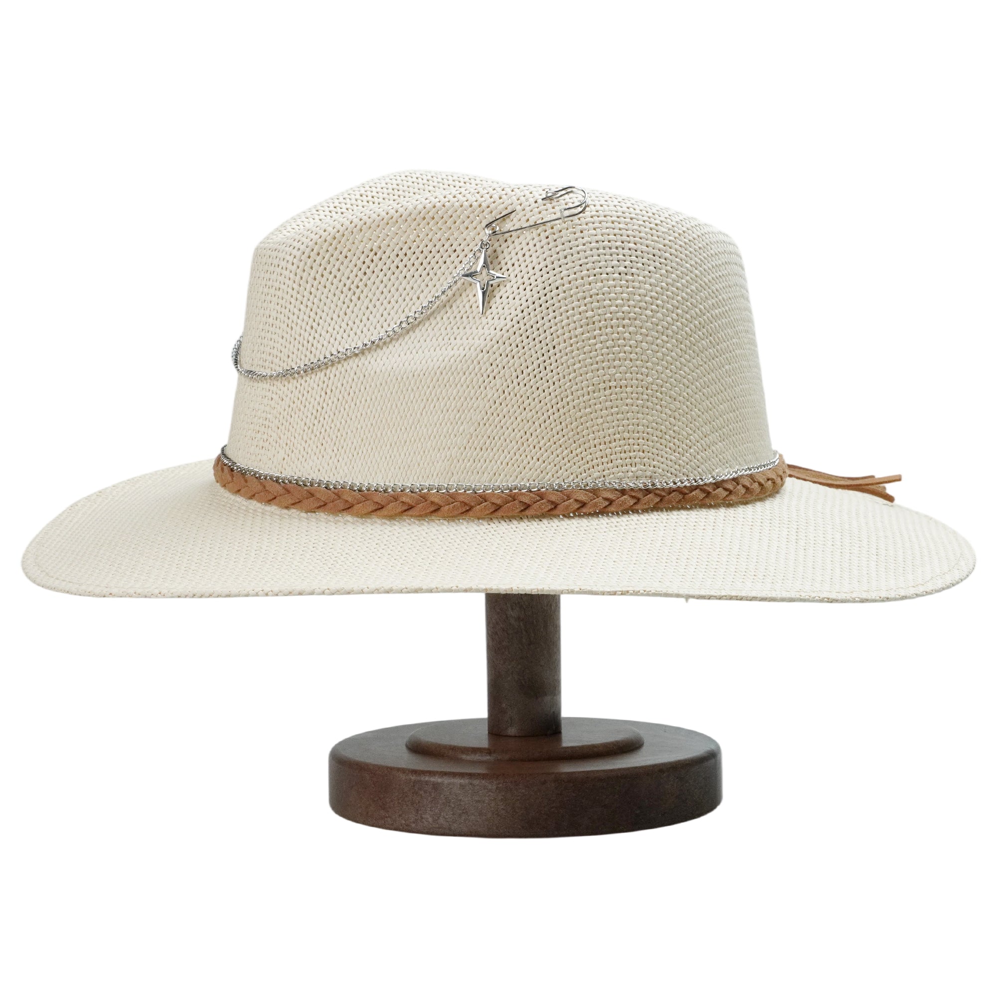 Off-White Straw Hat with Silver Chain & Woven Band
