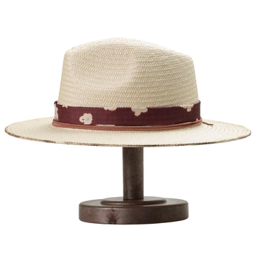 Beige Straw Hat with Floral Band & Burnt Edge Design