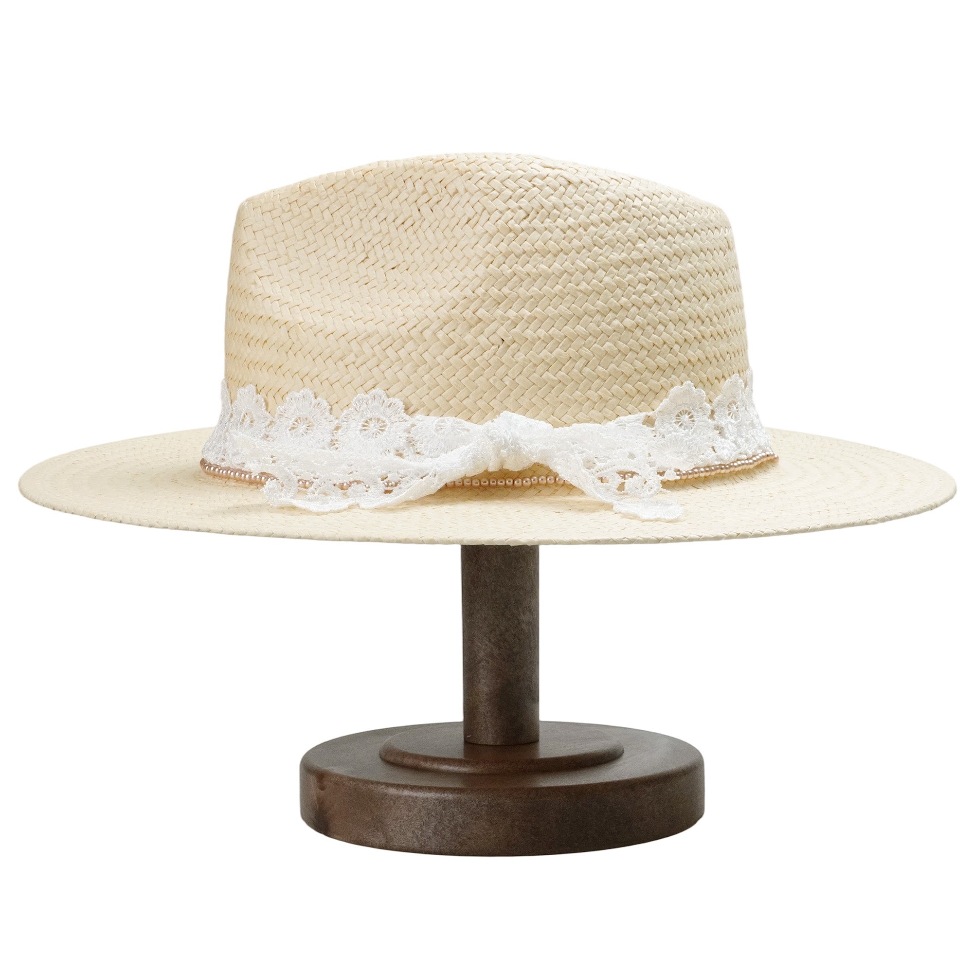 Beige Straw Hat with Custom Lace Band & Refined Beads