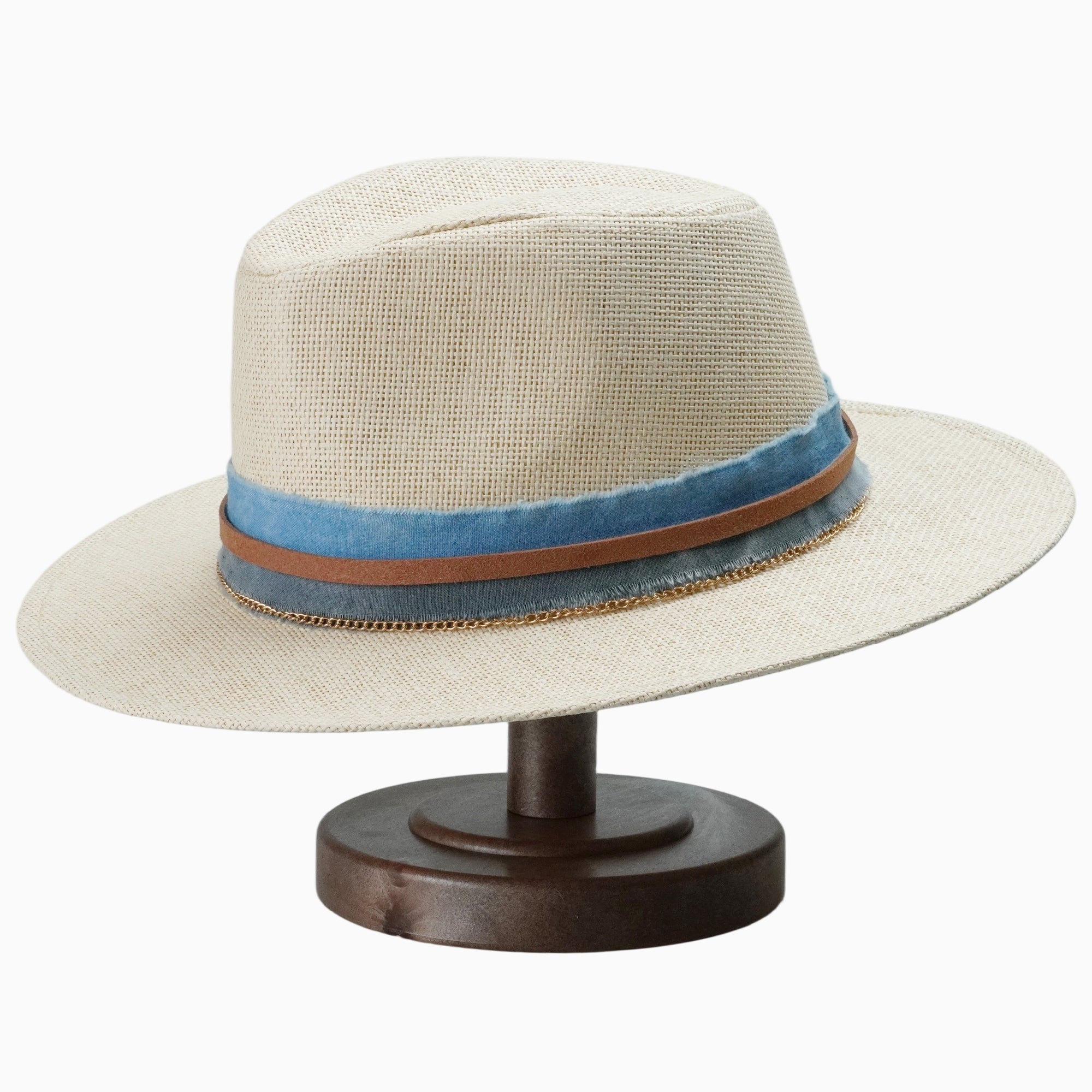 White Breathable Straw Fedora with Blue Gradient Scarf & Chain Trim