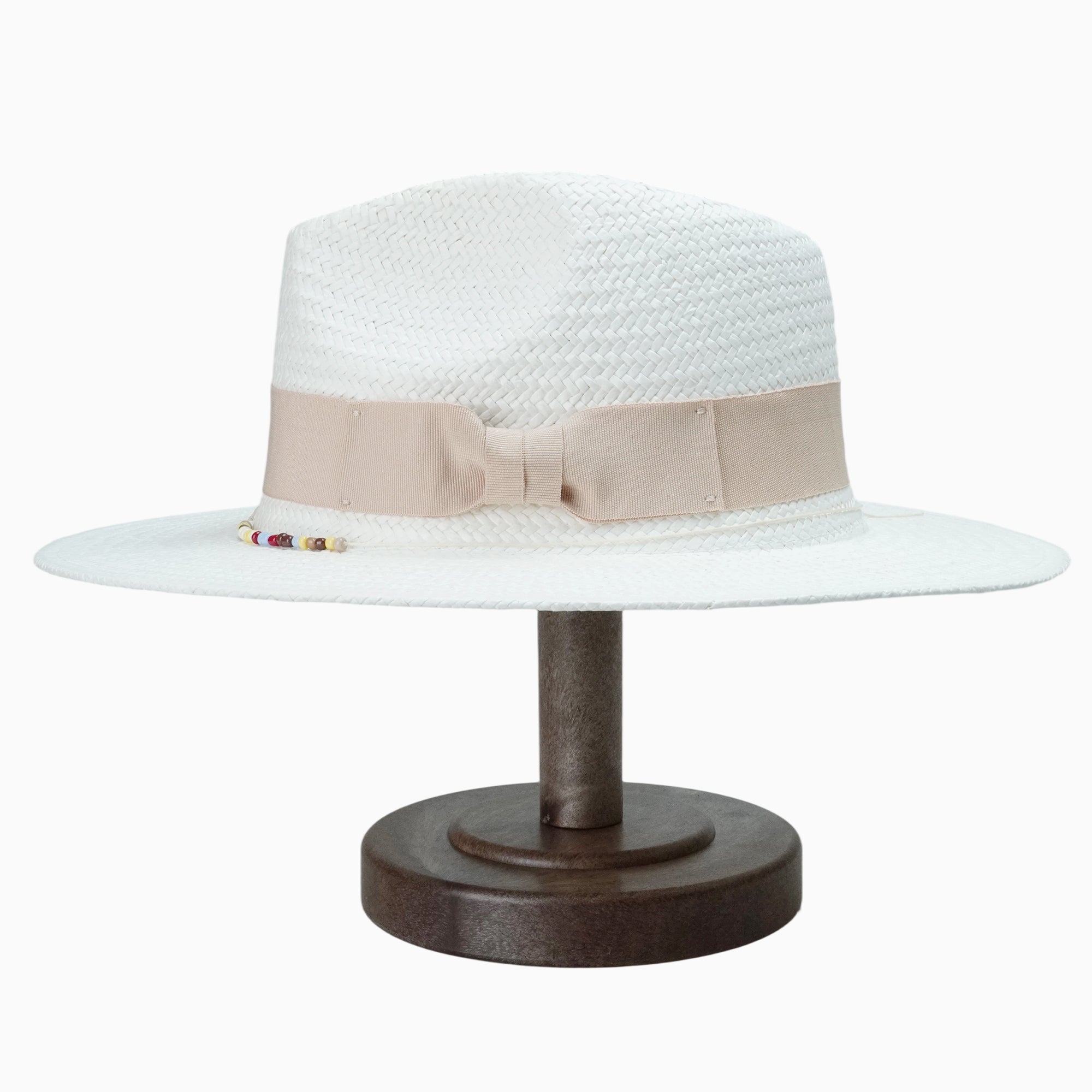 White Breathable Straw Fedora with Beige Ribbon & Beaded Trim