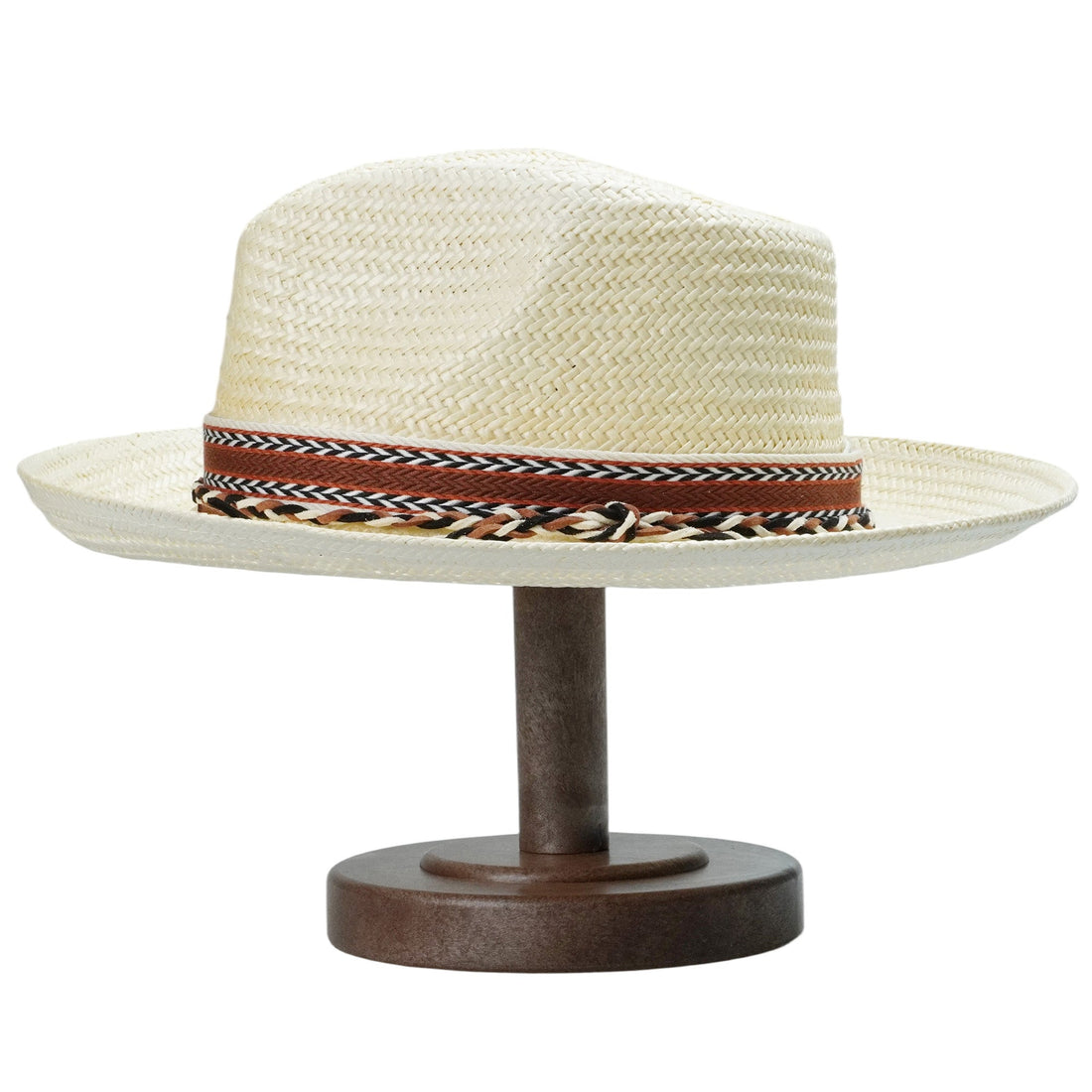 Off-White Straw Hat with Woven Print Band & Three-Color Braid